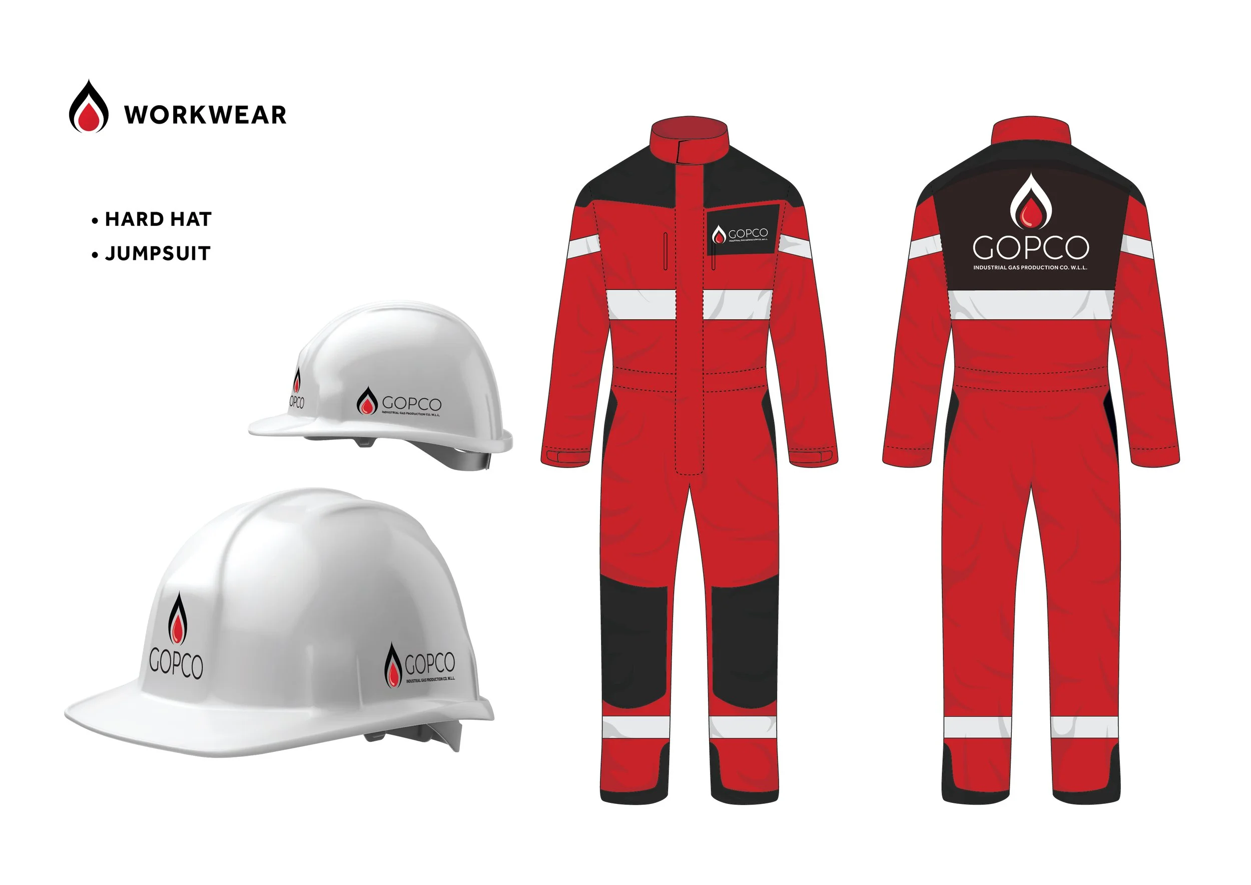 Workwear, including a red and black jumpsuit with white reflective stripes shown from front and back, and two white safety helmets with a company logo for OSHA and safety gear.