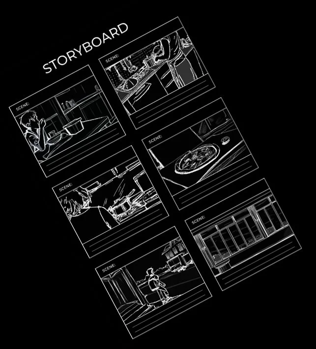 Storyboard with six scenes illustrated with white outline sketches on a black background, depicting different kitchen scenes, including cooking, preparing food, and serving.