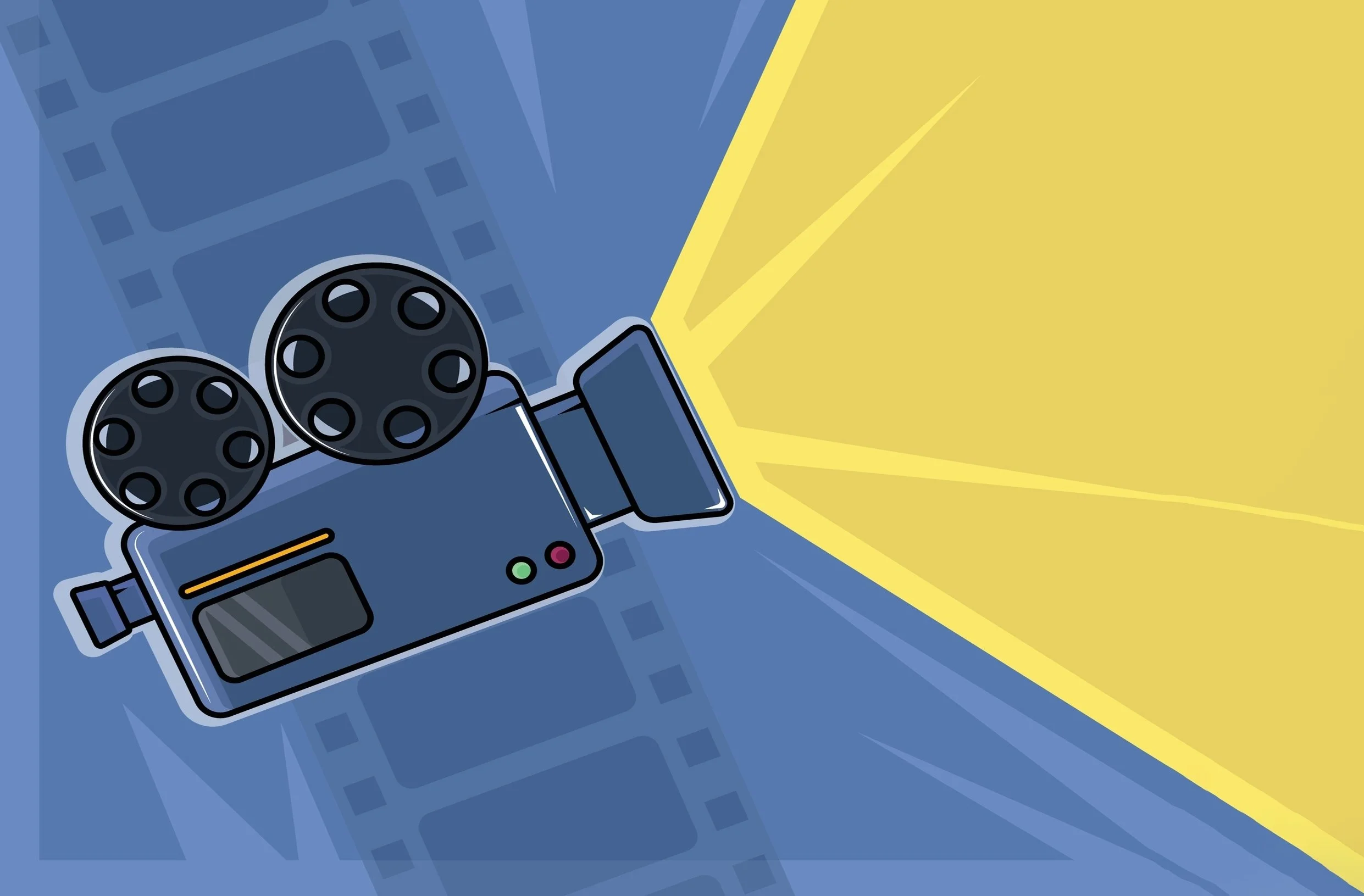 An illustration of a vintage film projector casting a bright yellow beam of light onto a blue background with film strips.