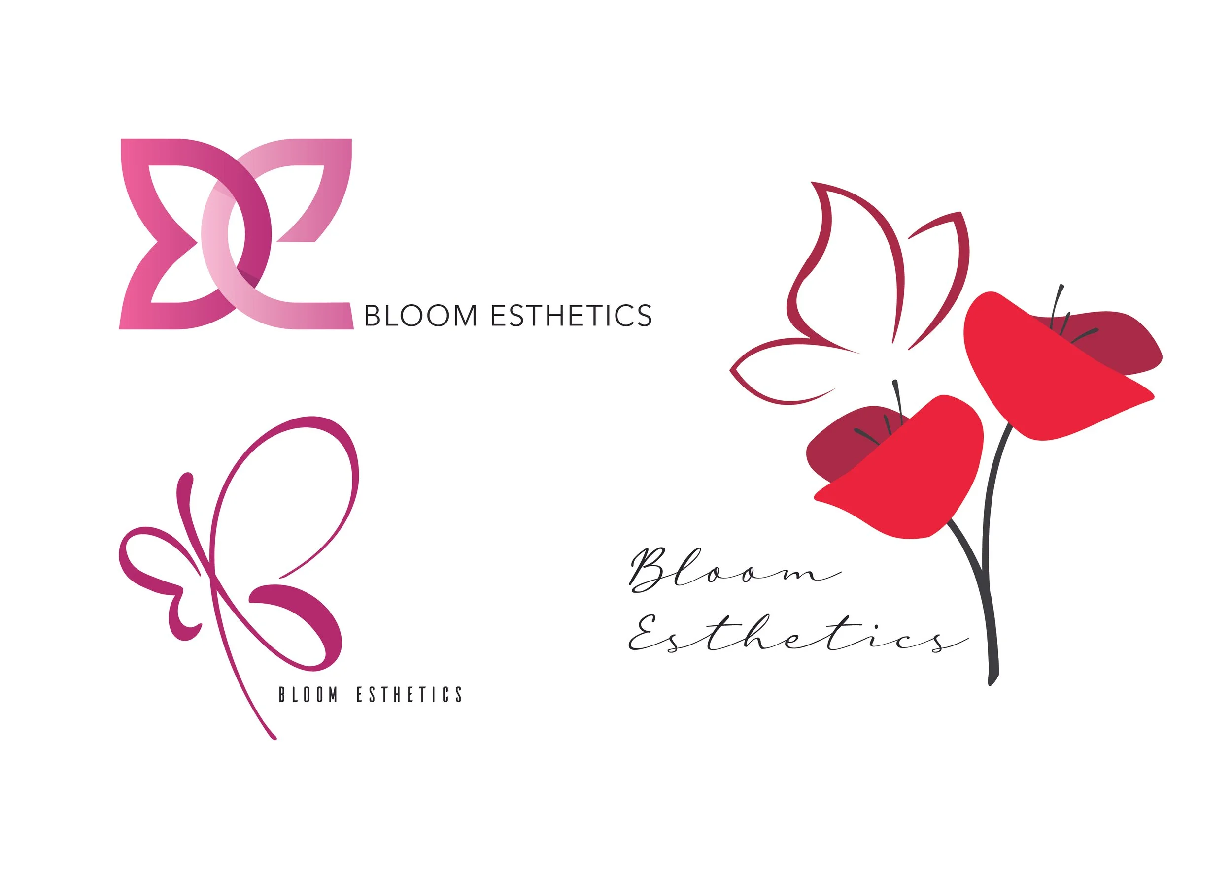 Three logos for Bloom Esthetics, featuring butterfly and flower motifs, with the stylized text 'Bloom Esthetics'.