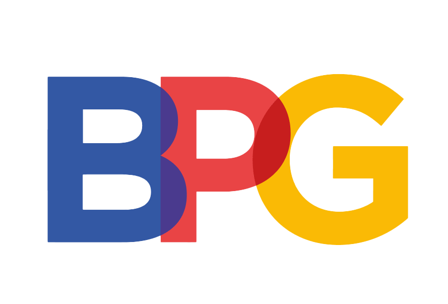 Overlapping letters B, P, and G in blue, red, and yellow colors with a black background, resembling the logo of BPG.