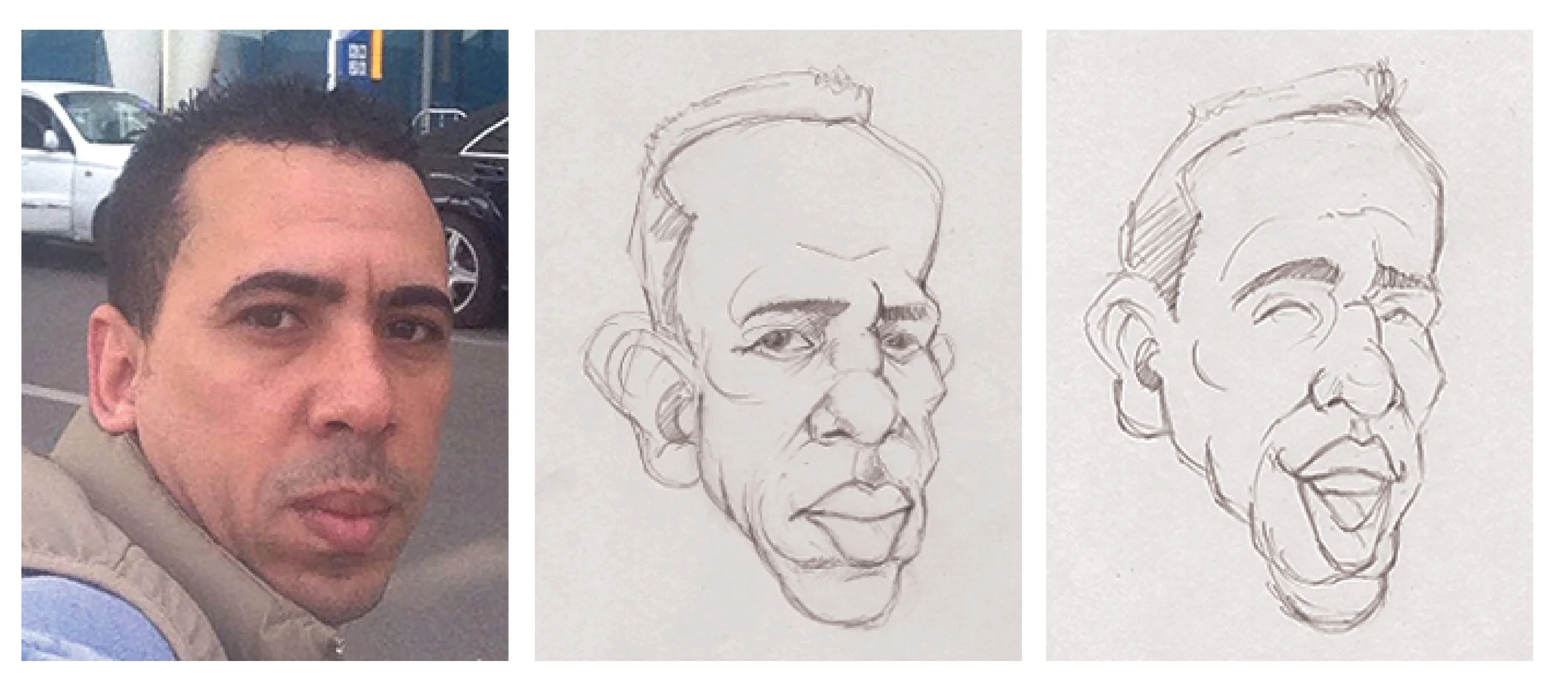 A man taking a selfie outdoors in a parking lot, with two sketches of a person's face, focusing on facial features and expressions, on white paper.