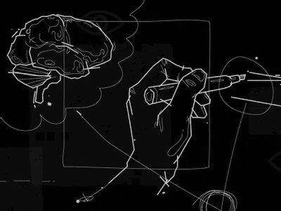 A hand drawing on a transparent surface with a brain illustration nearby, in a conceptual sketch style.