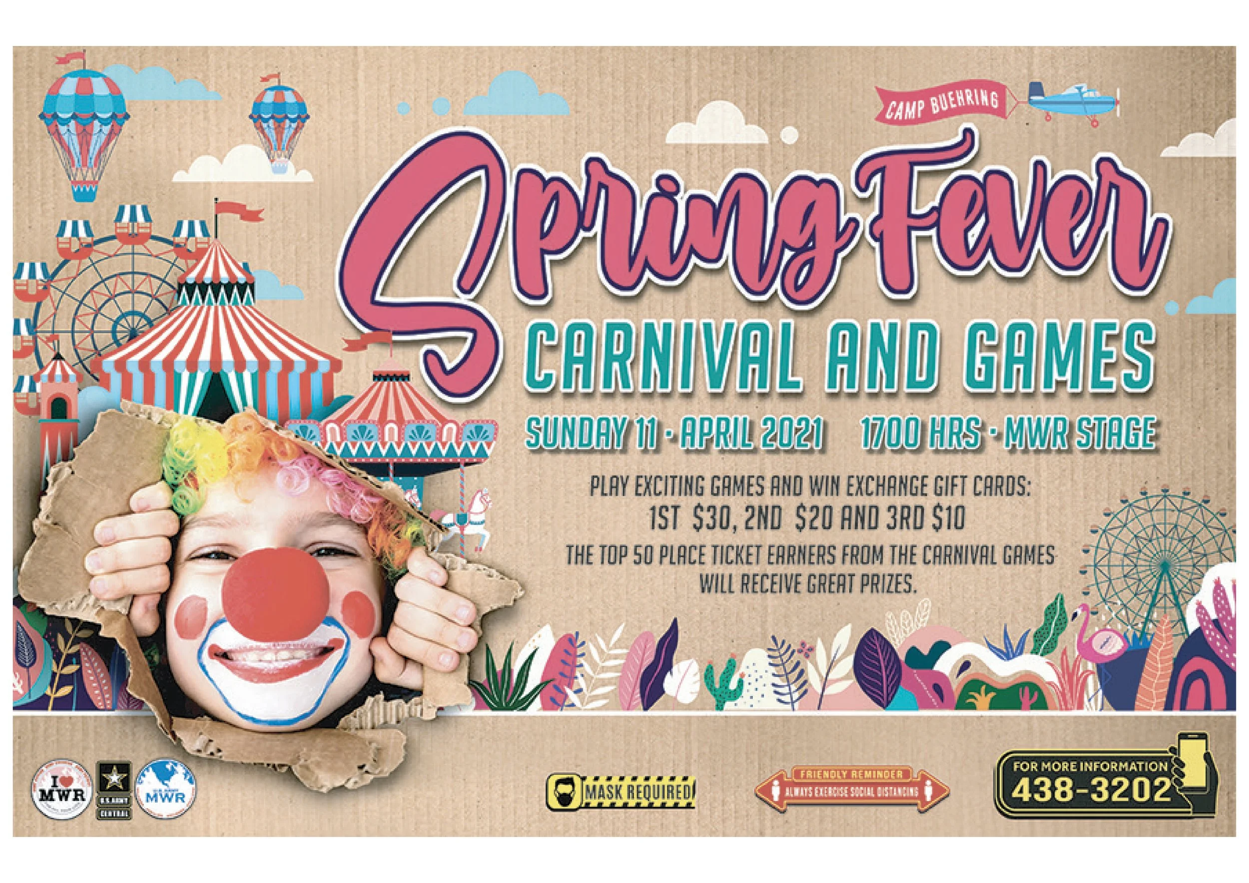 Flyer for Spring Fever Carnival and Games at Camp Buehring on April 11, 2021, featuring a young child with clown makeup, colorful hair, and holding a torn piece of cardboard, with illustrations of a carnival, ferris wheel, amusement rides, and balloo