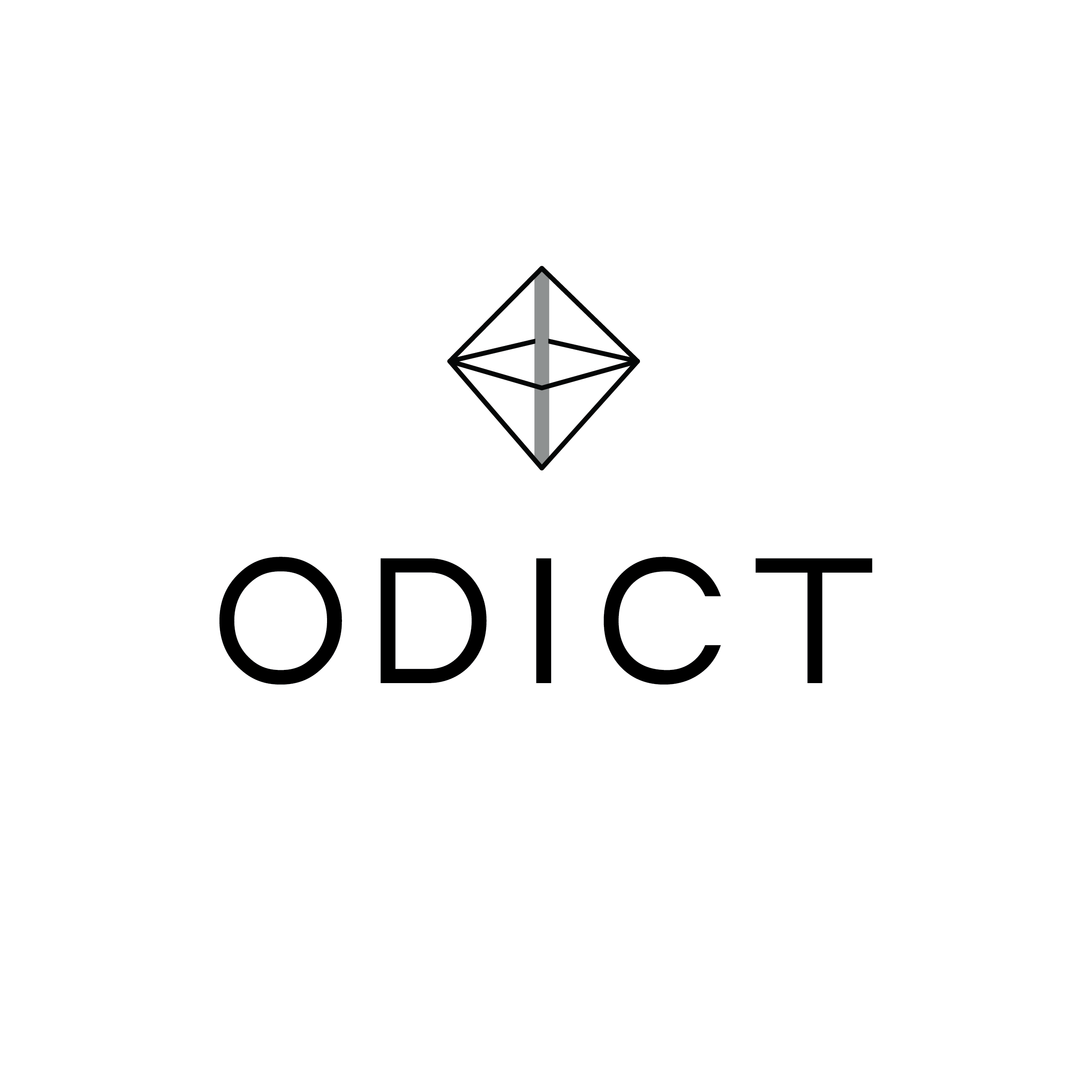 Logo with geometric shape and the word 'ODICT' in bold black letters.