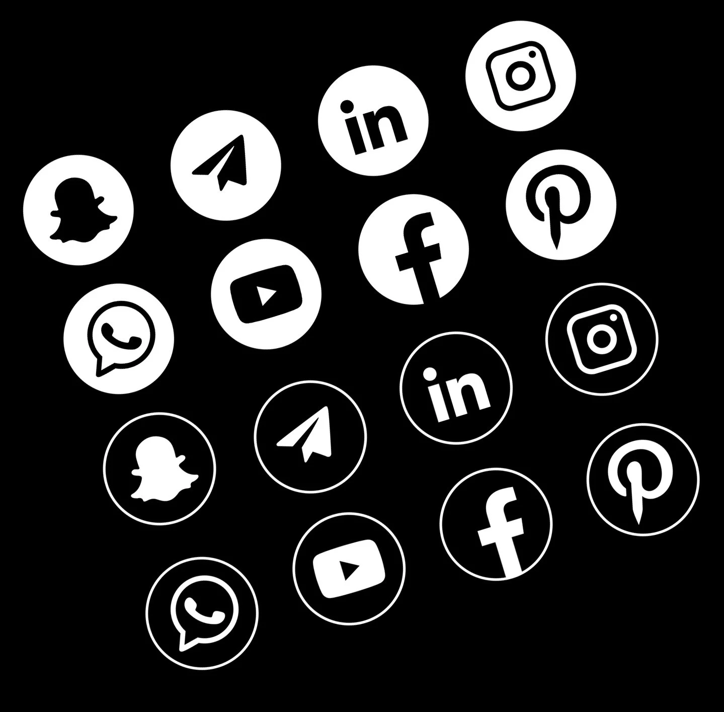 Black background with white social media icons including Facebook, Instagram, LinkedIn, Pinterest, YouTube, Snapchat, Telegram, and WhatsApp scattered across the image.