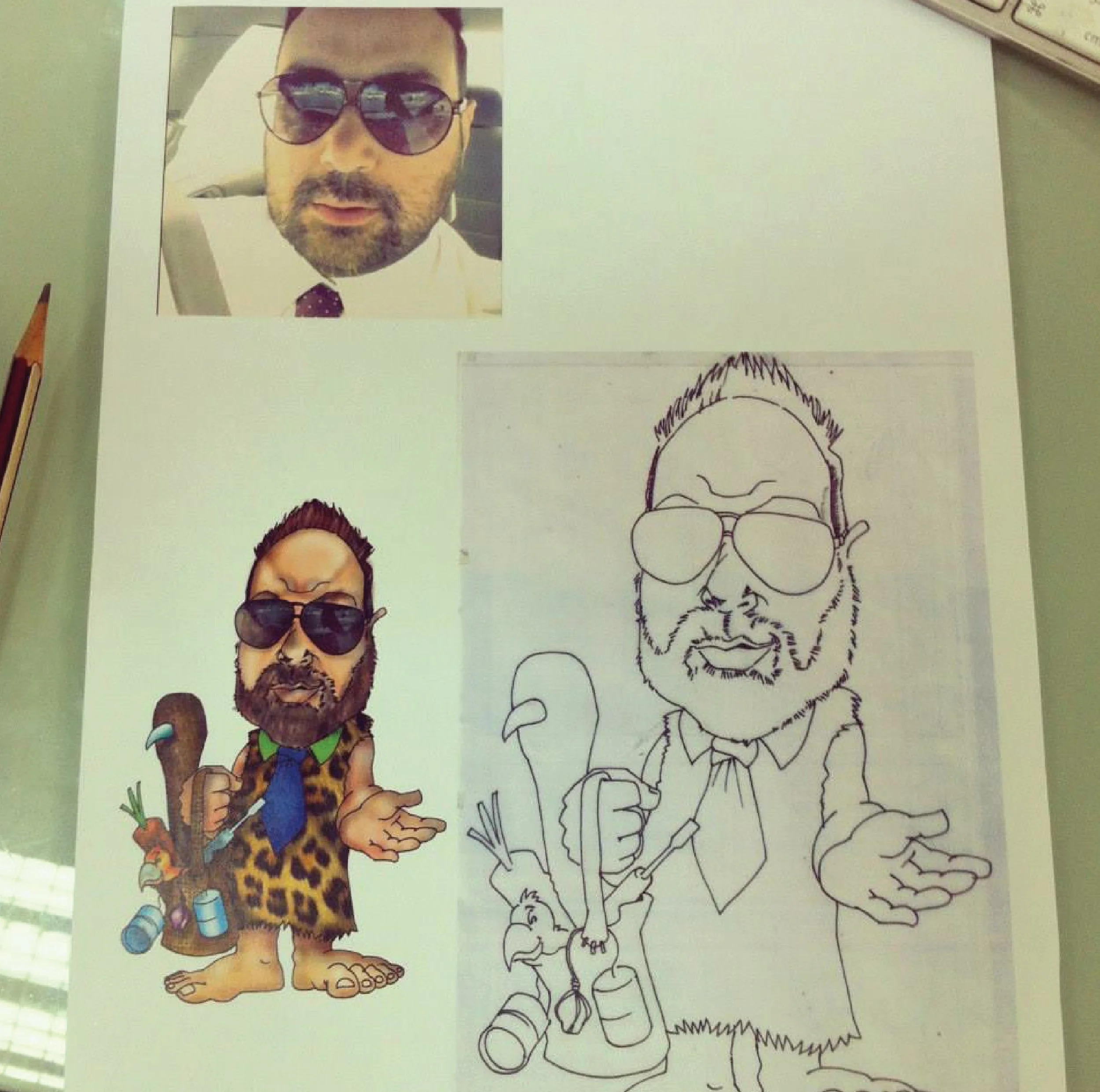 Photograph of three images: a printed photograph of a man with sunglasses, a cartoon caricature of the same man in a caveman outfit with sunglasses, and a line drawing of the same man with sunglasses holding a club and surrounded by cartoon animals.
