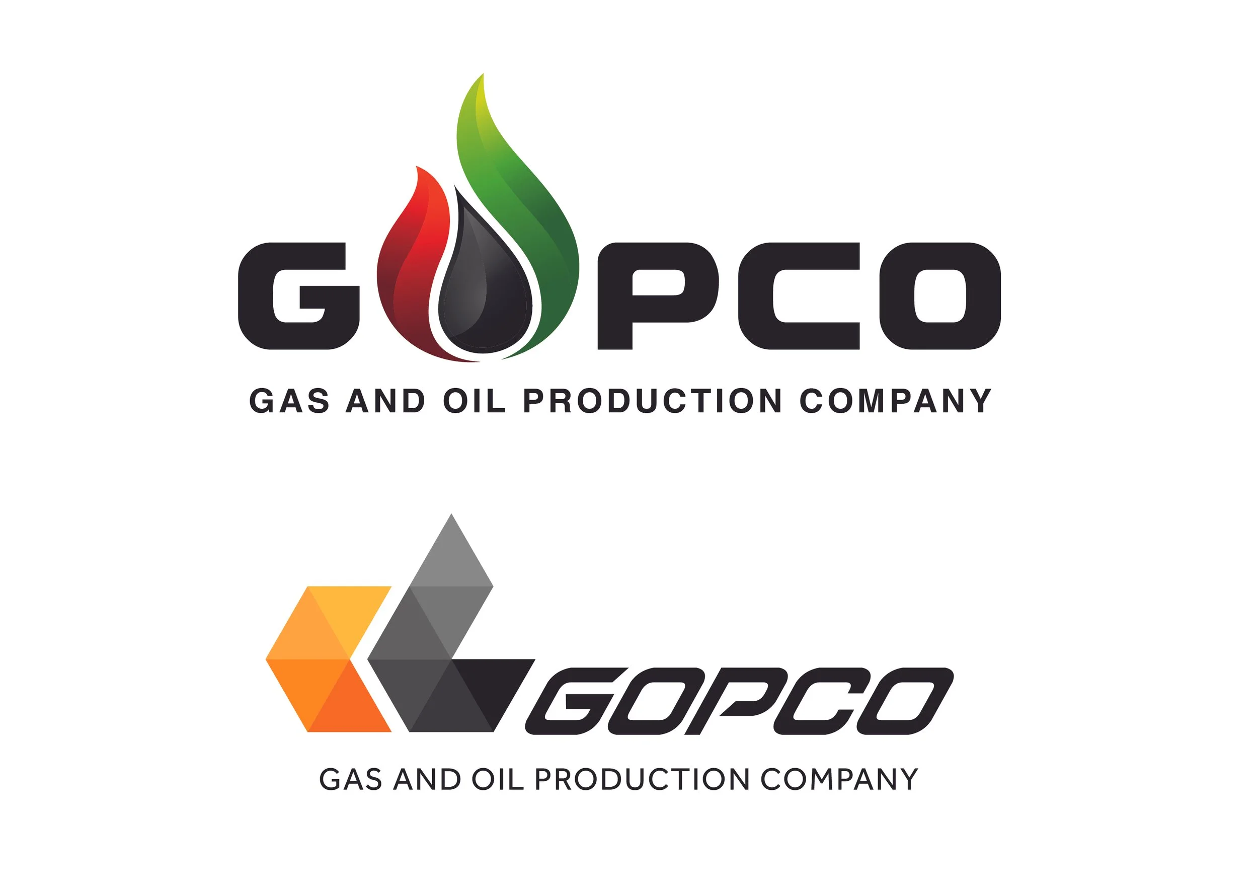 Two logos for GOPCO, a gas and oil production company. The top logo features a black, red, and green flame design above the company name in bold black letters. Below it is the text "GAS AND OIL PRODUCTION COMPANY." The bottom logo showcases a geometr