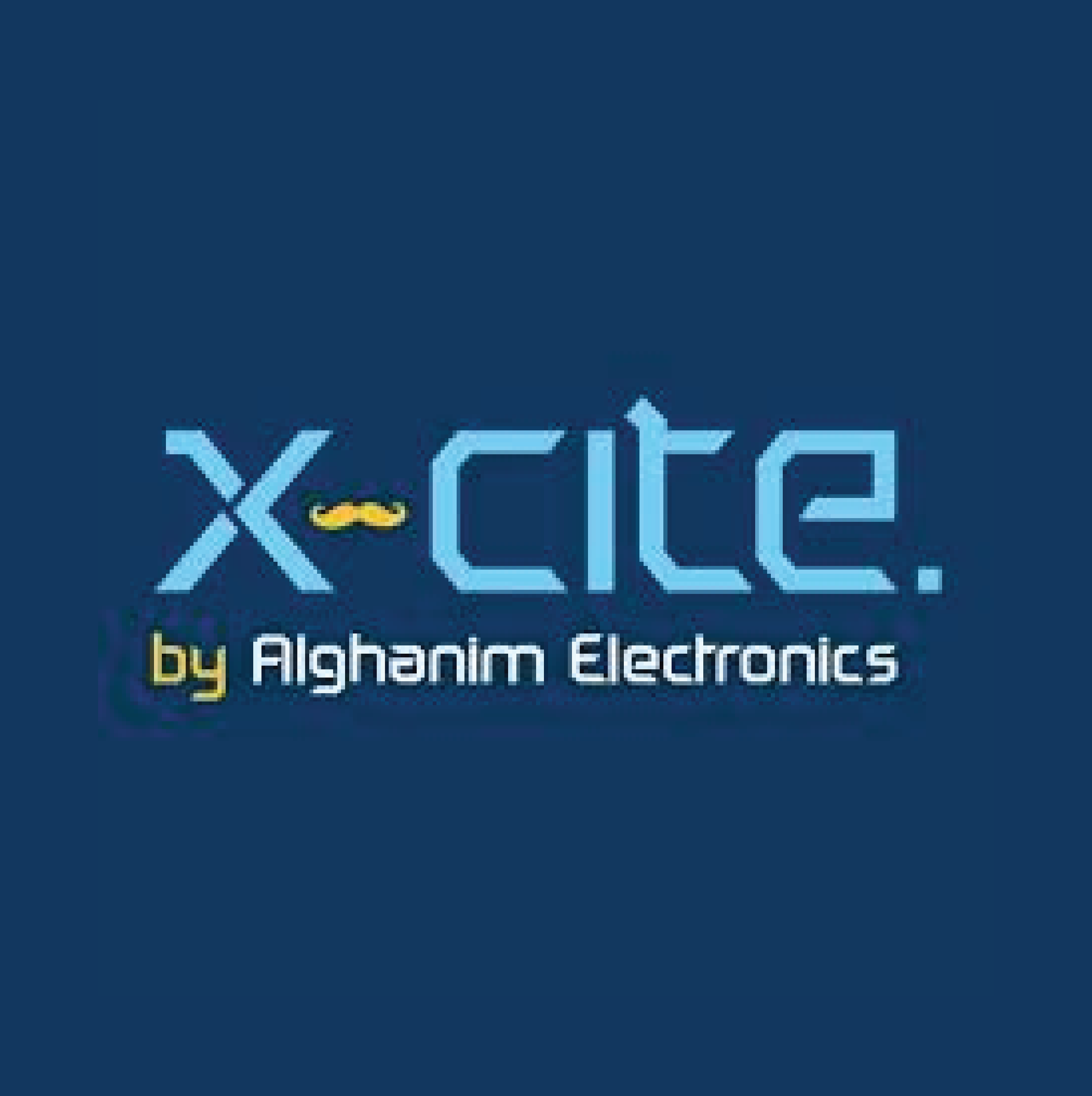 Logo for X-cite by Alghanim Electronics with stylized text and a yellow mustache graphic on a dark blue background.