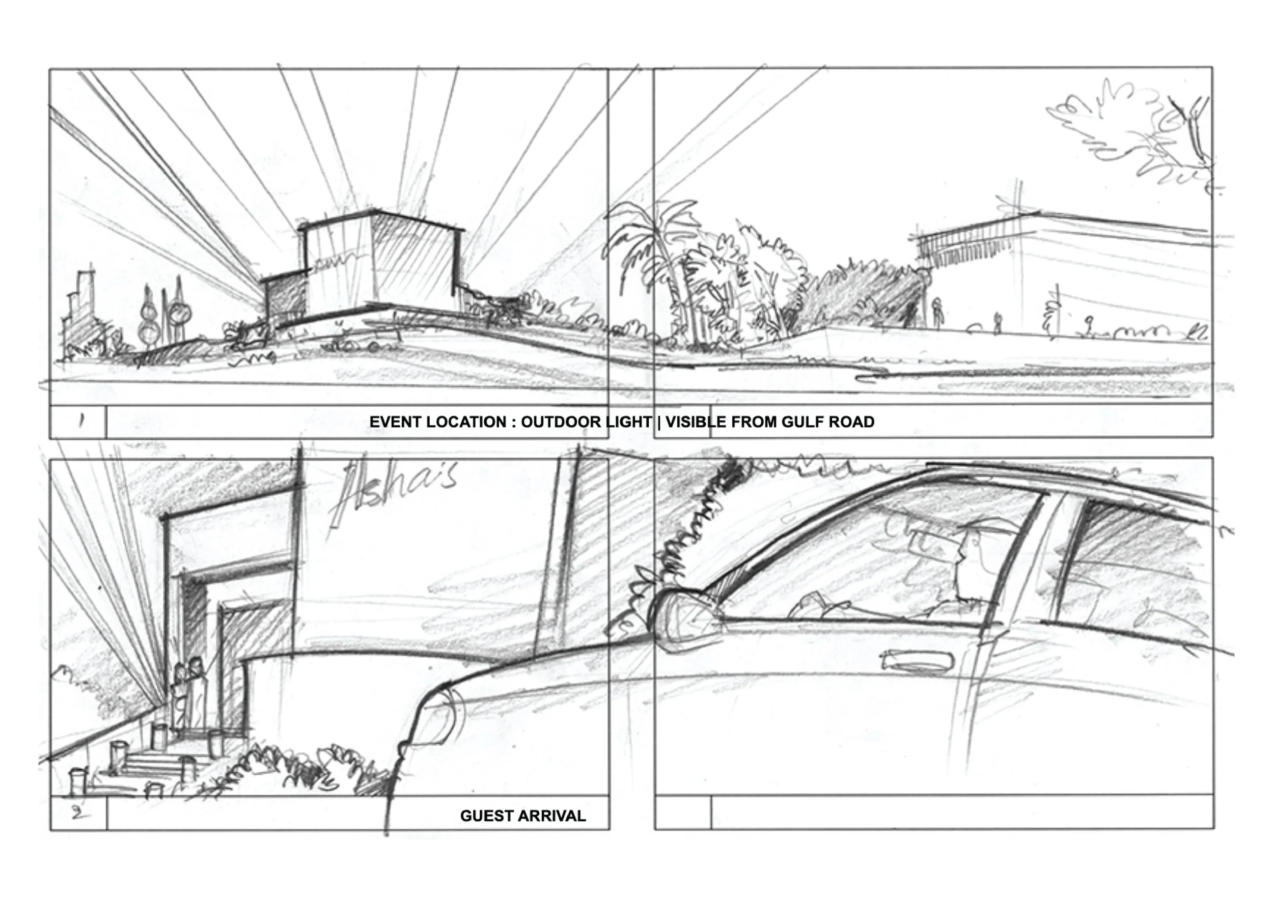 Sketch of an outdoor event setup with a modern building, palm trees, and a car with a person inside.