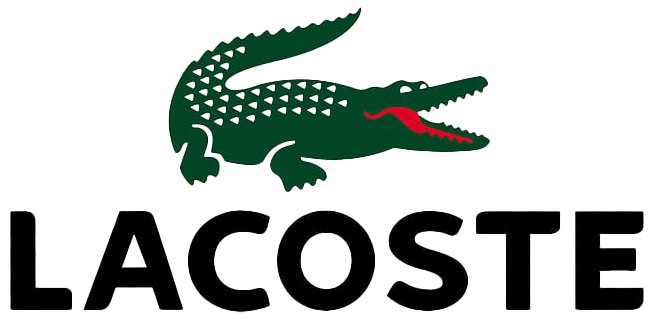 Lacoste logo featuring a green crocodile with red inside its mouth and the word "LACOSTE" in bold black letters below.