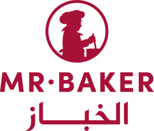 Logo for Mr. Baker featuring a side profile of a chef holding a tray, with text in English and Arabic.