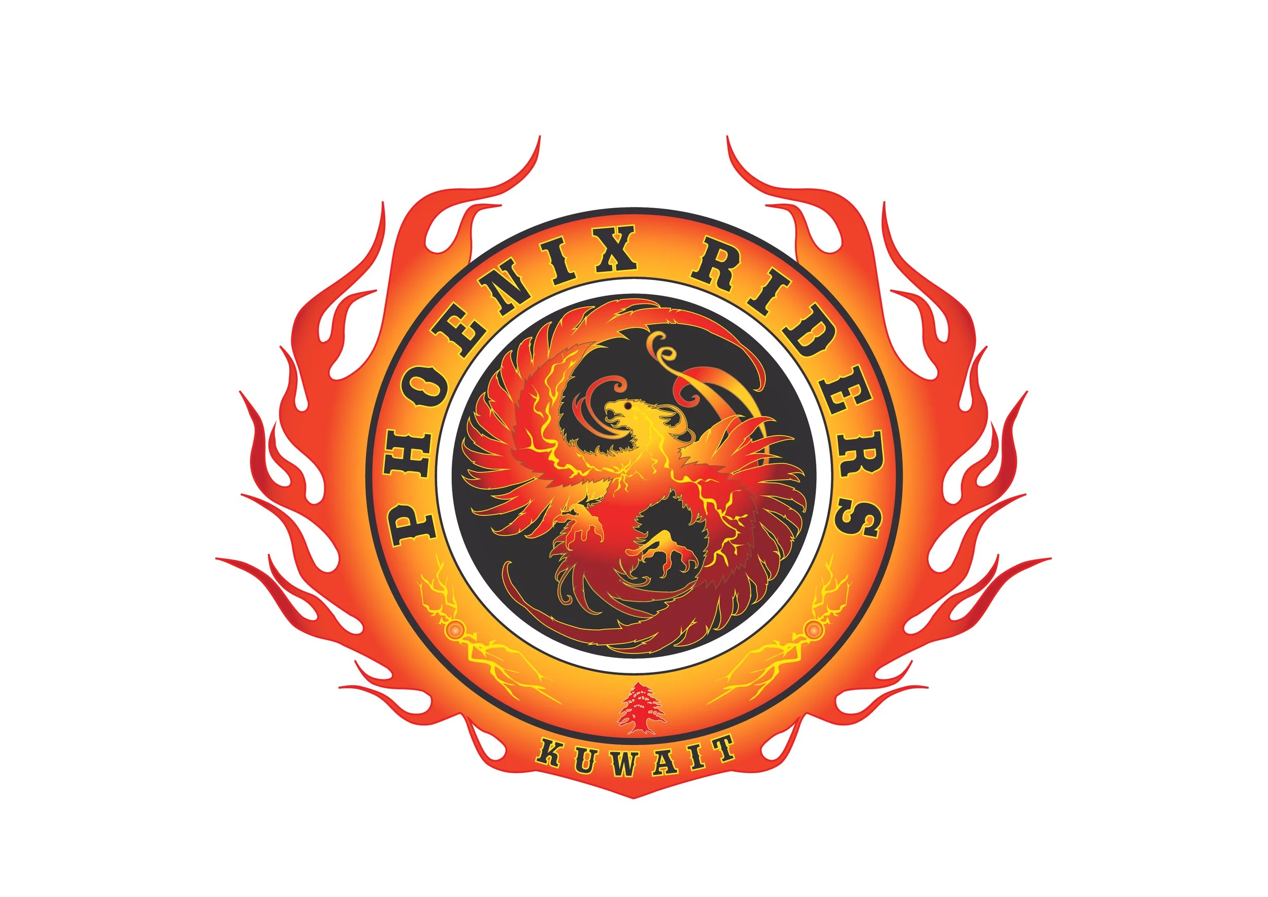 A circular logo for Phoenix Fighters Kuwait featuring a fiery phoenix in the center, surrounded by a ring of flames and the text 'PHOENIX FIGHTERS KUWAIT'.