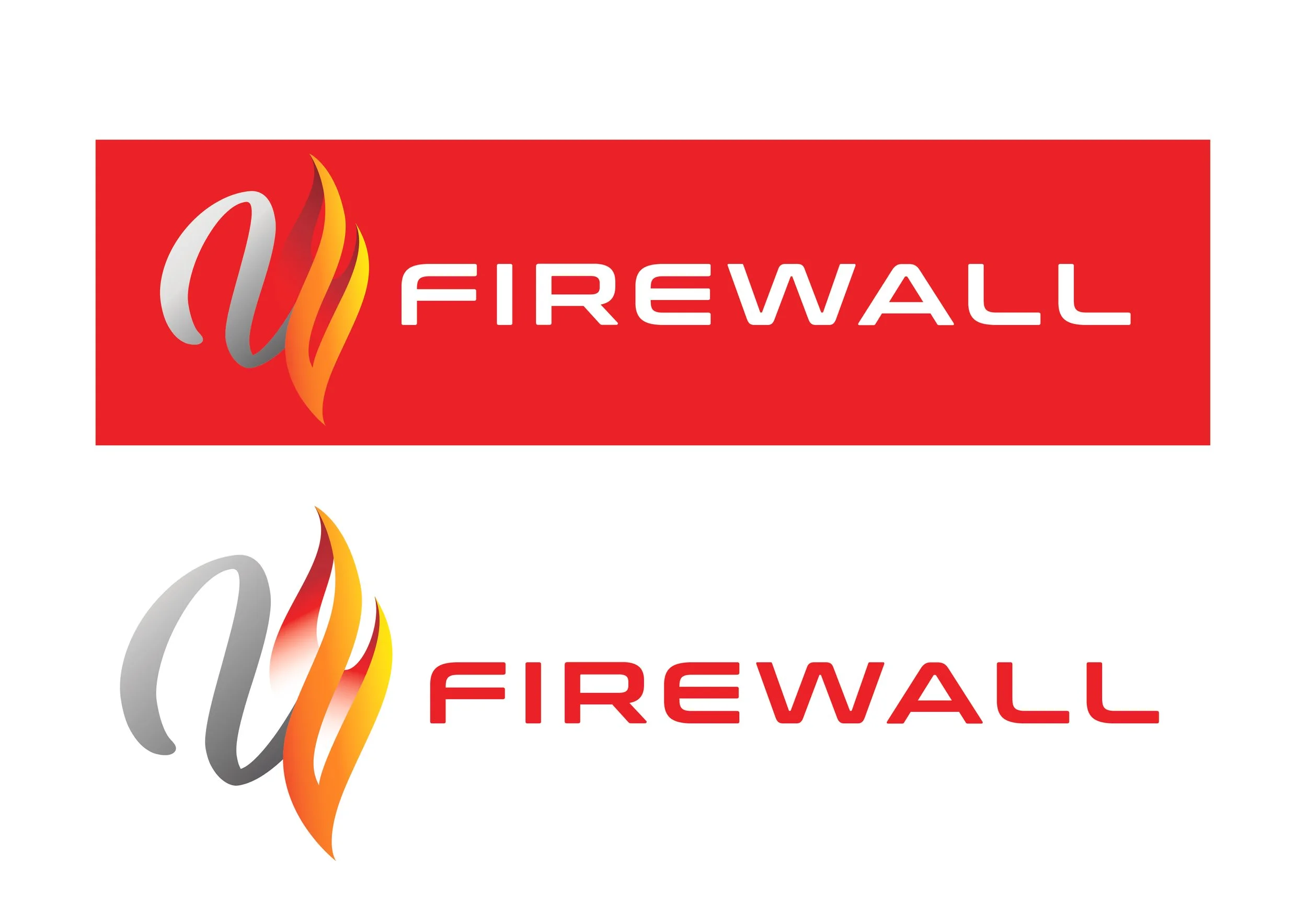 Two versions of a logo for FireWall, each featuring a stylized flame and the word 'FIREWALL' in red or white text.