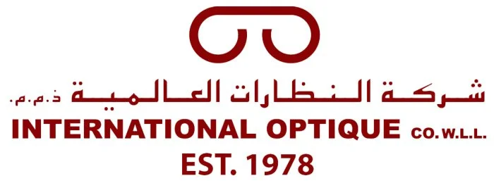 Logo of International Optique with an illustration of eyeglasses, company name in Arabic and English, established in 1978.