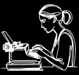 Line drawing of a woman typing on a vintage typewriter with a roll of paper.