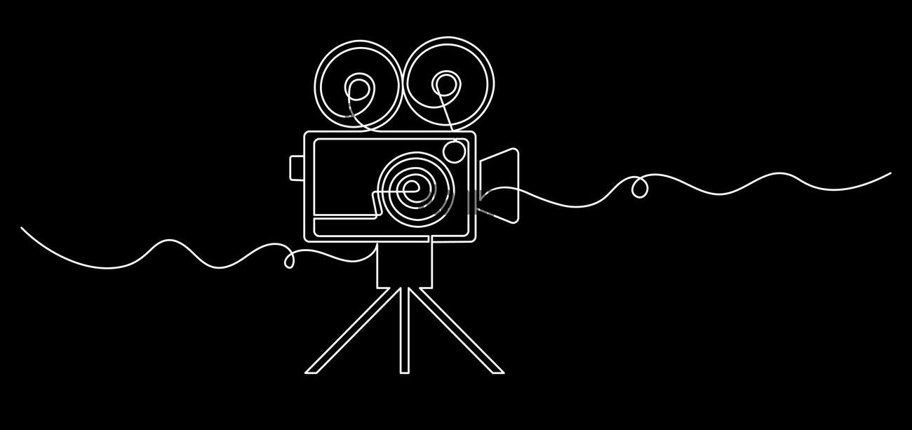 A line art illustration of a vintage film camera on a tripod, with film reels on top and wavy lines representing film strips, all in white on a black background.