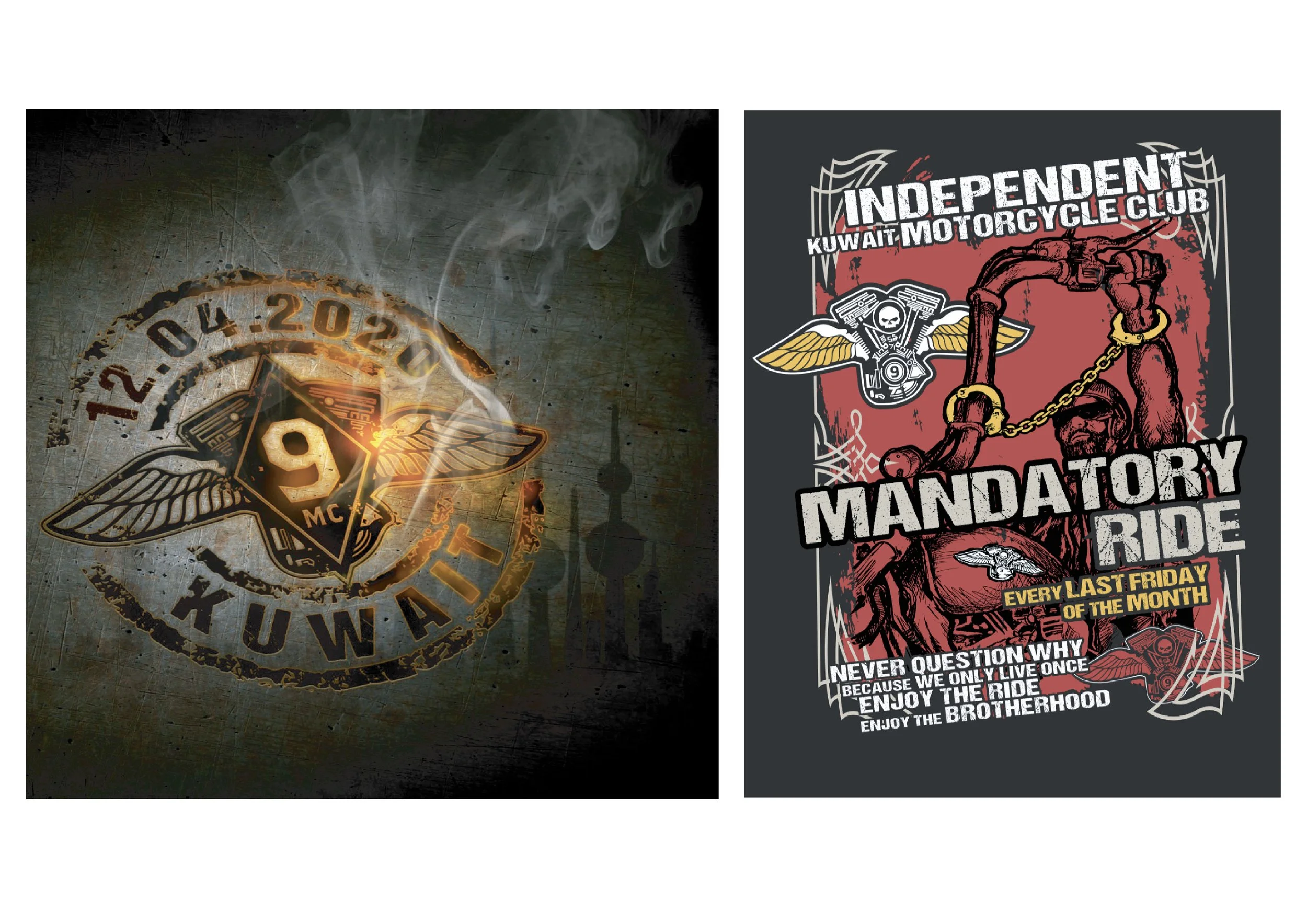 Left image features a burned and smoking logo of Kuwait Motorcycle Club with a winged emblem and the number 9, stamped on a metallic surface. Right image is a colorful poster for Kuwait Motorcycle Club's mandatory ride event, showing a muscular motor