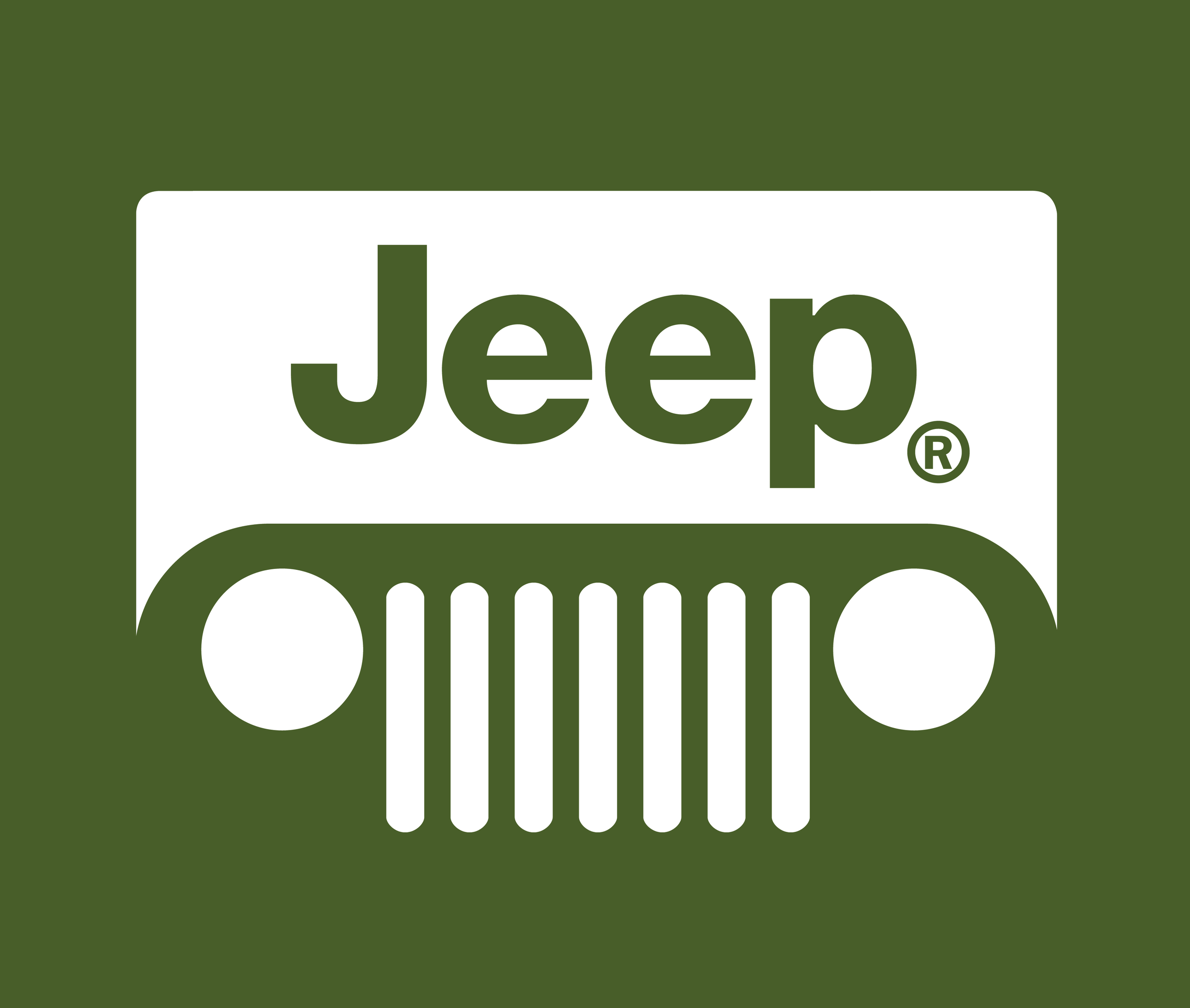 Green background with a white Jeep logo inside a jeep grille illustration.