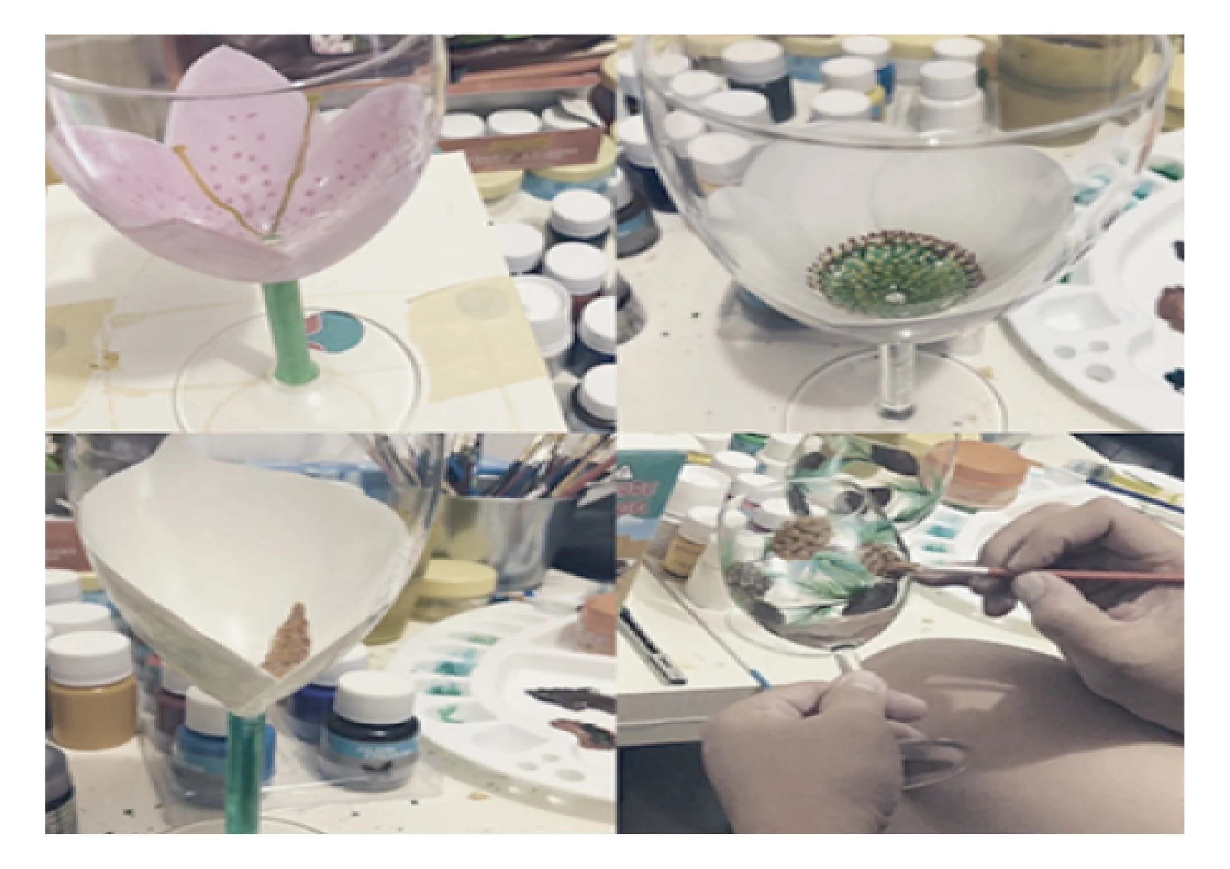 Images show a crafting workspace with glass bowls at different stages of painting or decorating, watercolor paints, brushes, and jars of paint within reach.