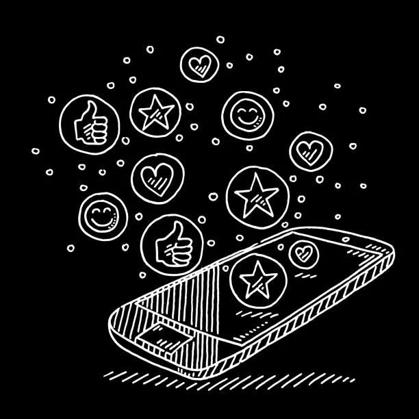 Drawing of a smartphone with hearts and stars emerging from it, symbolizing social media interactions or digital communication.