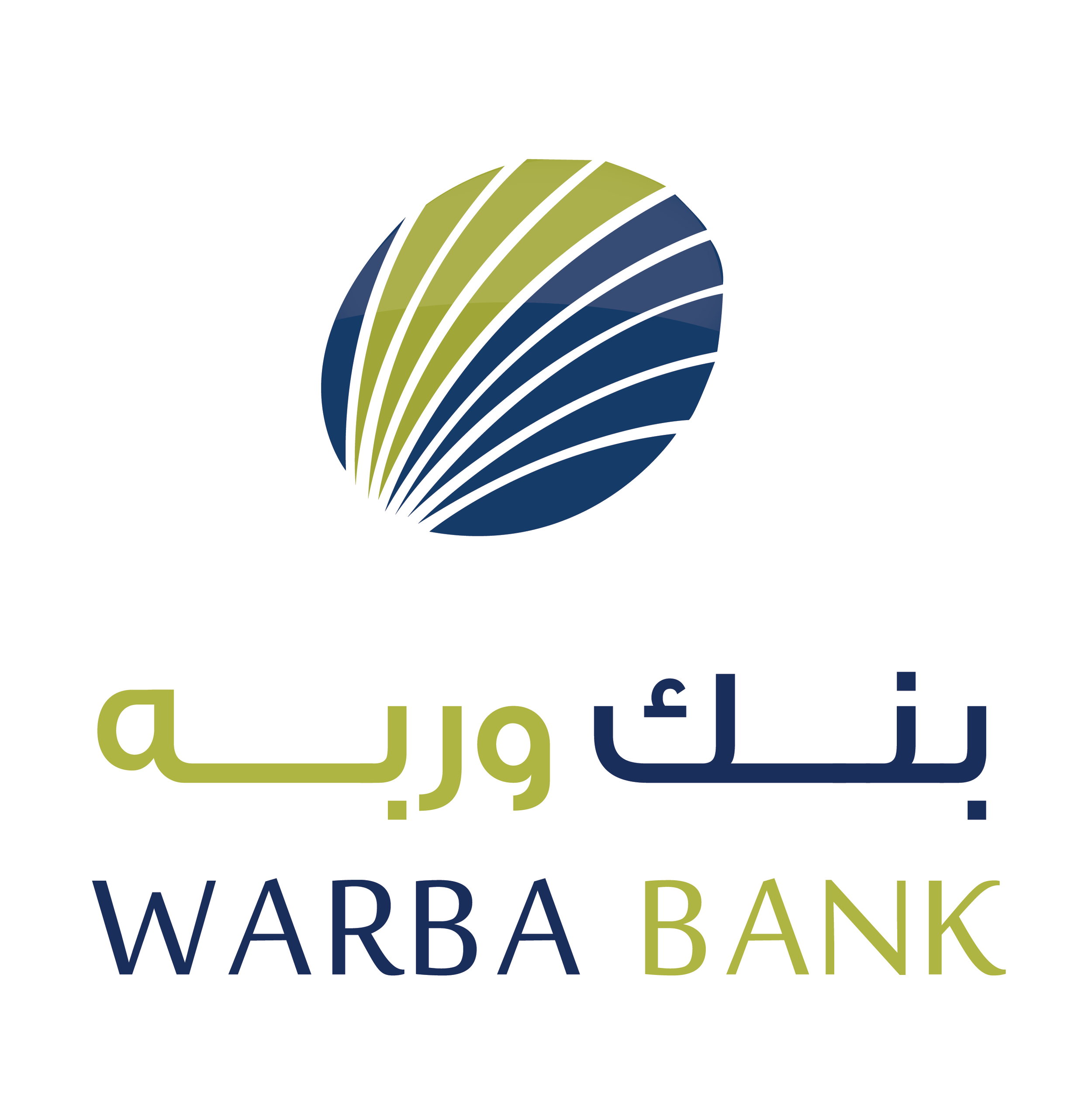 Warba Bank logo featuring a stylized globe with green and blue stripes and the bank's name written in Arabic and English.