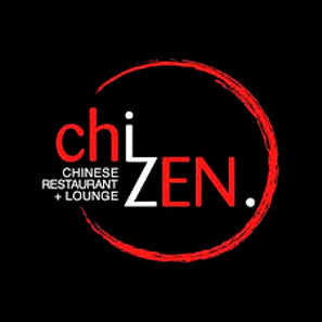 Logo for ChiZen, a Chinese restaurant and lounge, featuring the word 'Chi' in red and 'Zen' in black within a red circular brushstroke on a black background.