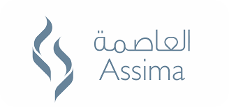 Logo with stylized flame design and the words 'Assima' in English and Arabic.