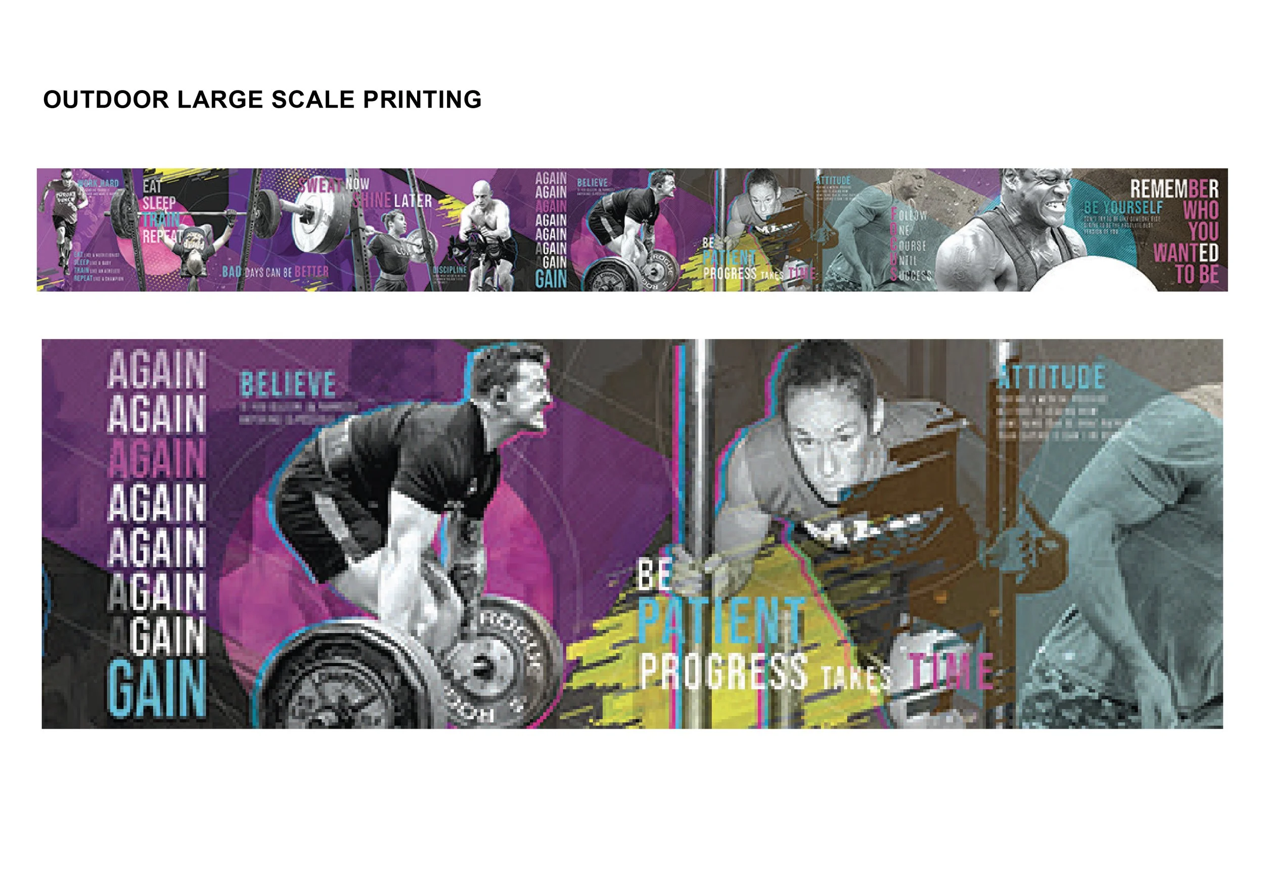 Large outdoor banner with motivational messages and images of people exercising, lifting weights, and working on a computer, emphasizing perseverance and progress.