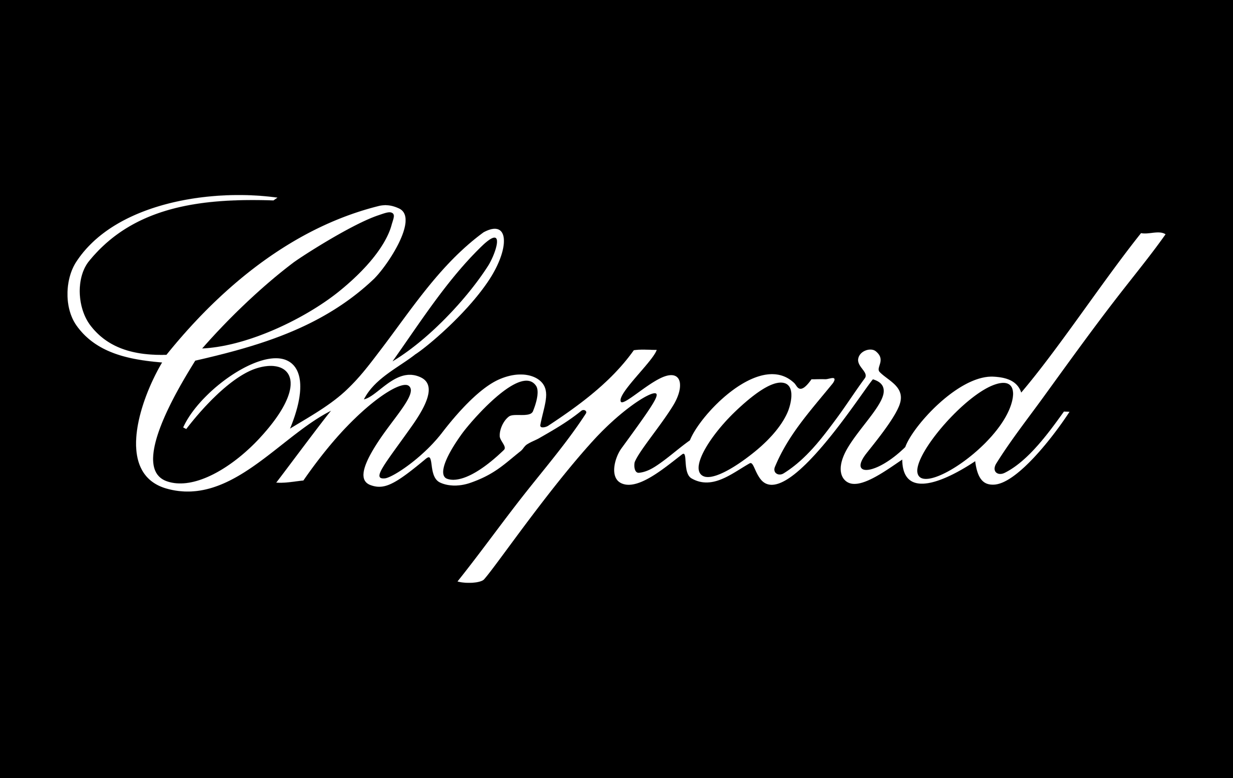 Stylized white cursive text reading 'Chopard' on a black background.