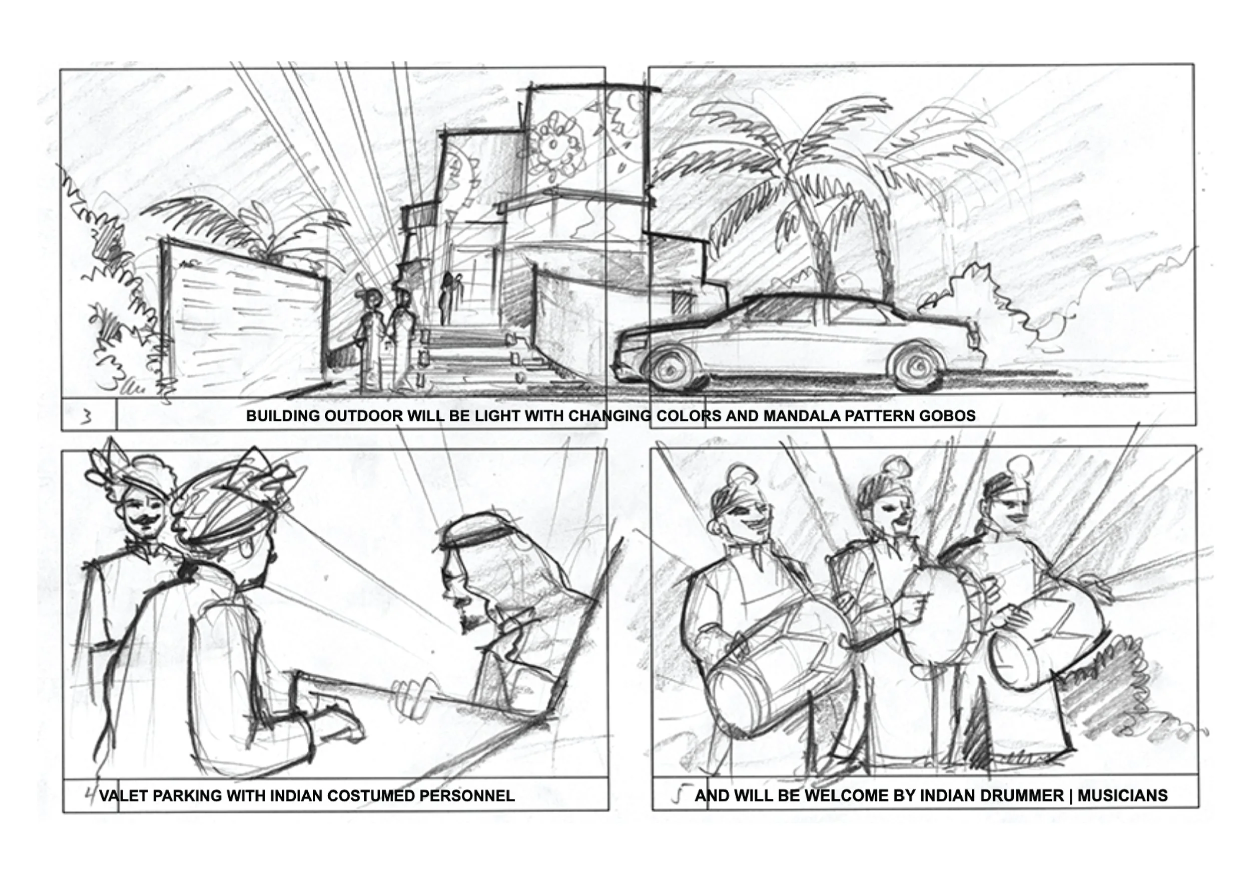 Sketches of a modern building with outdoor lighting, palm trees, and cars, with Indian personnel in traditional dress welcoming Indian drummers and musicians for a cultural event.