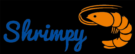 A shrimp with the word 'Shrimpy' in blue text next to it on a black background.