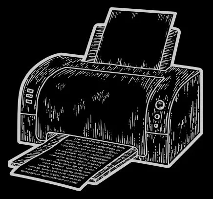 Black and white illustration of an old-fashioned printer with a sheet of paper coming out.