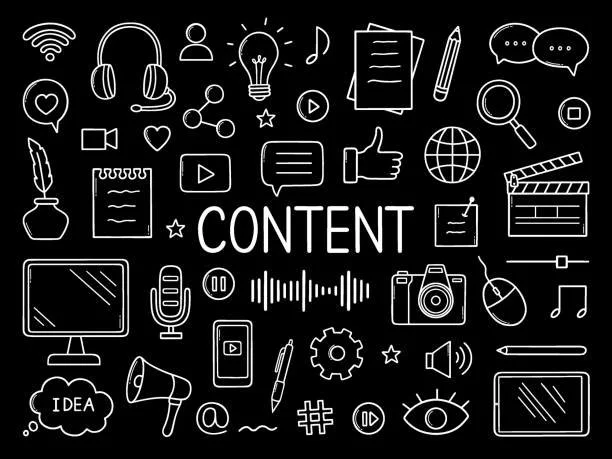 Collection of white chalk sketches related to content creation, including a computer monitor, microphone, camera, light bulb, notes, speech bubbles, thumbs up, globe, clapperboard, music notes, gear, eye, and various symbols.