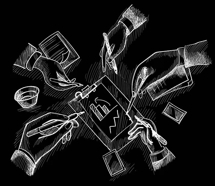 Illustration of hands working together on a tablet with graphs and charts, representing teamwork in a business or data analysis context.