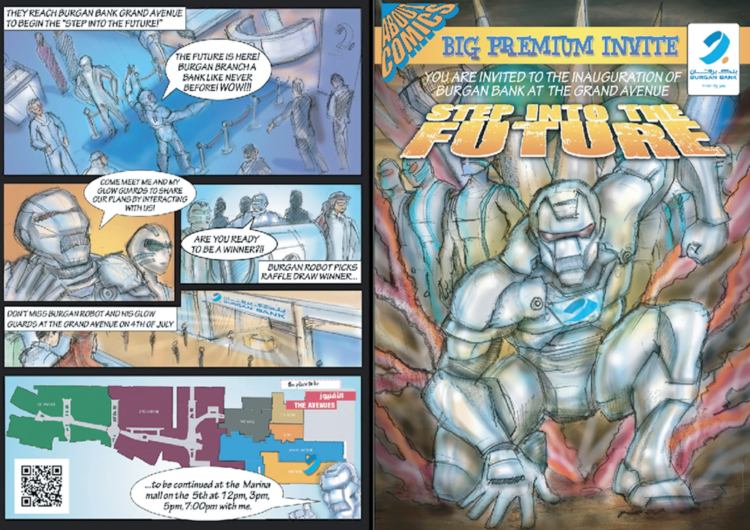 Left panel shows people queuing outside Burgan Bank at Grand Avenue, with some dressed as robots and glow guards, talking about the bank's futuristic plans. The process includes a raffle draw. A map indicates the event location at Marina Mall, with d