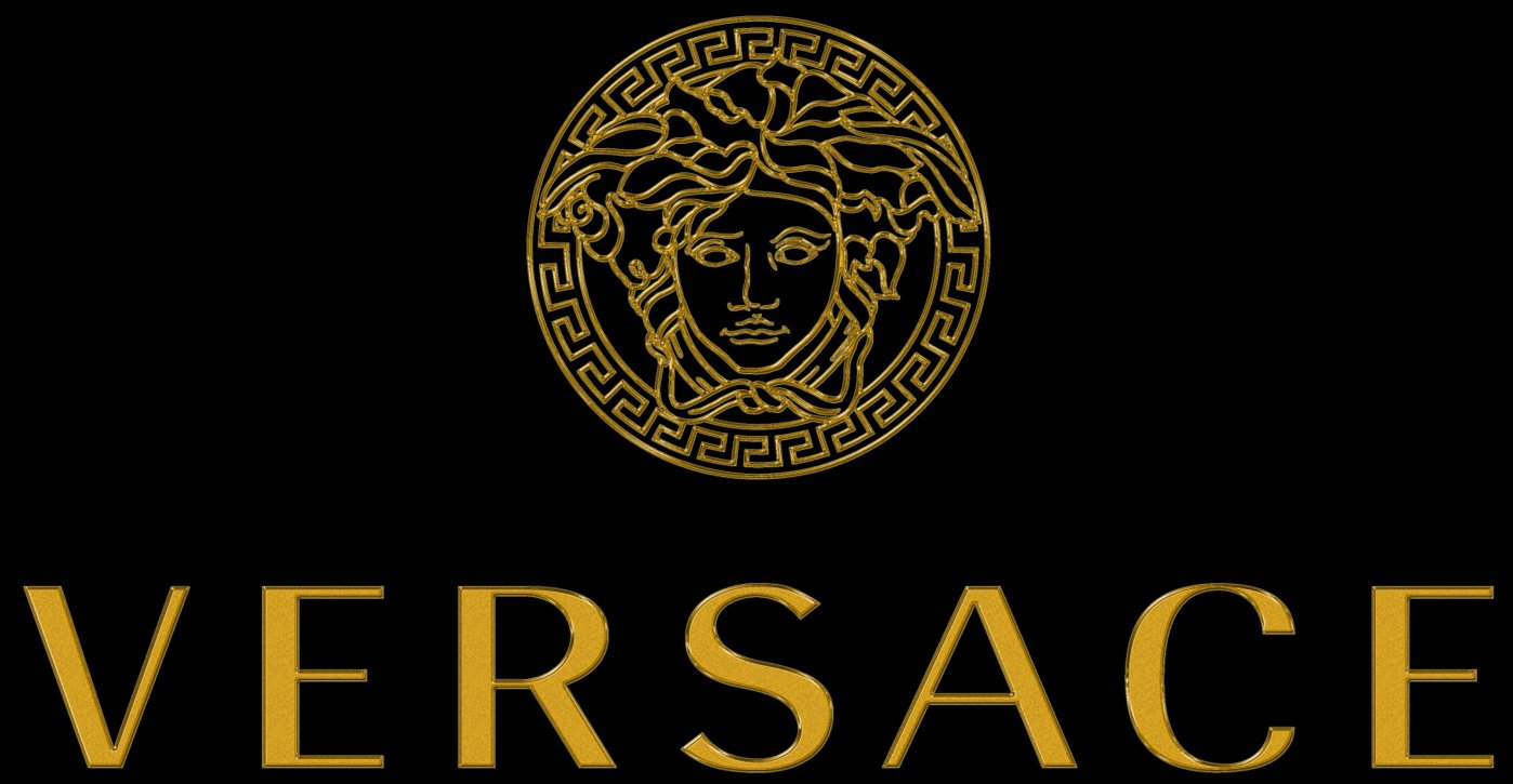 Black background featuring a gold Versace logo with Medusa head and the brand name in gold lettering.