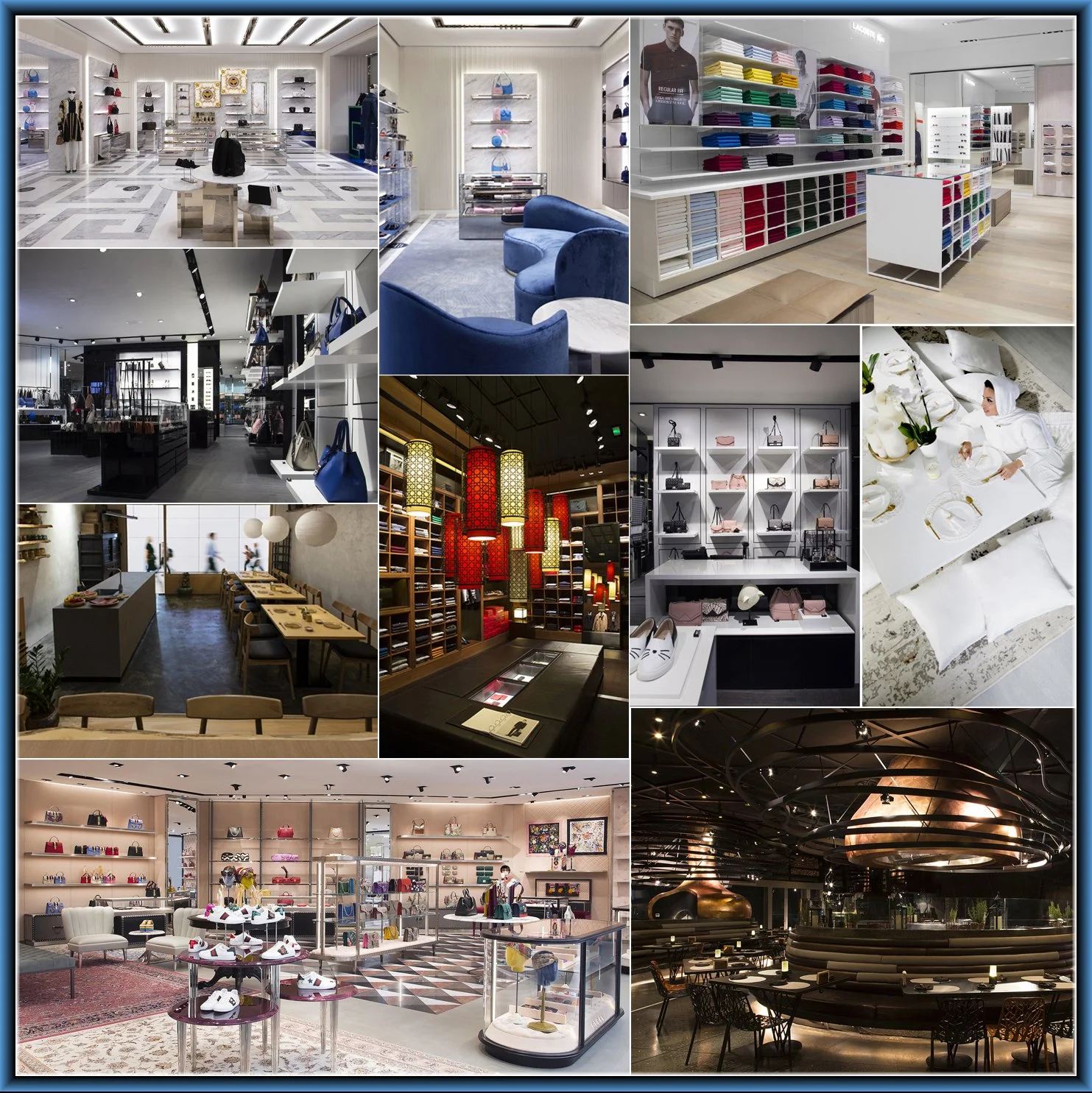 Collage of retail store interiors including a fashion boutique, a jewelry store, a home decor shop, a handbag store, a specialty tea or spice shop, a modern dining restaurant, a luxury handbag store, a fashion accessories shop, and a high-end bar or lounge.