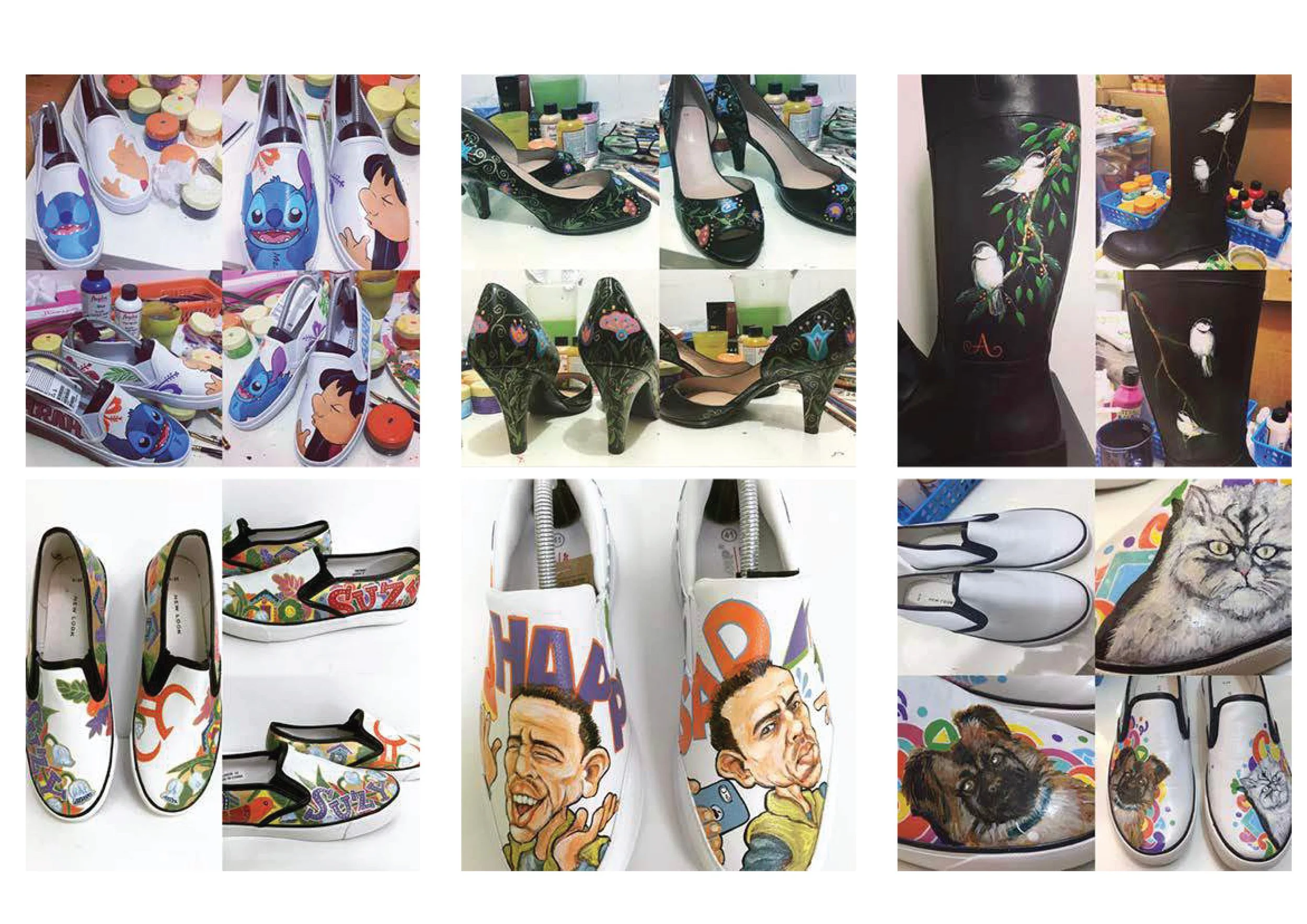 Collection of painted shoes featuring various designs including cartoon characters, floral motifs, animals like cats and dogs, and artistic portraits.