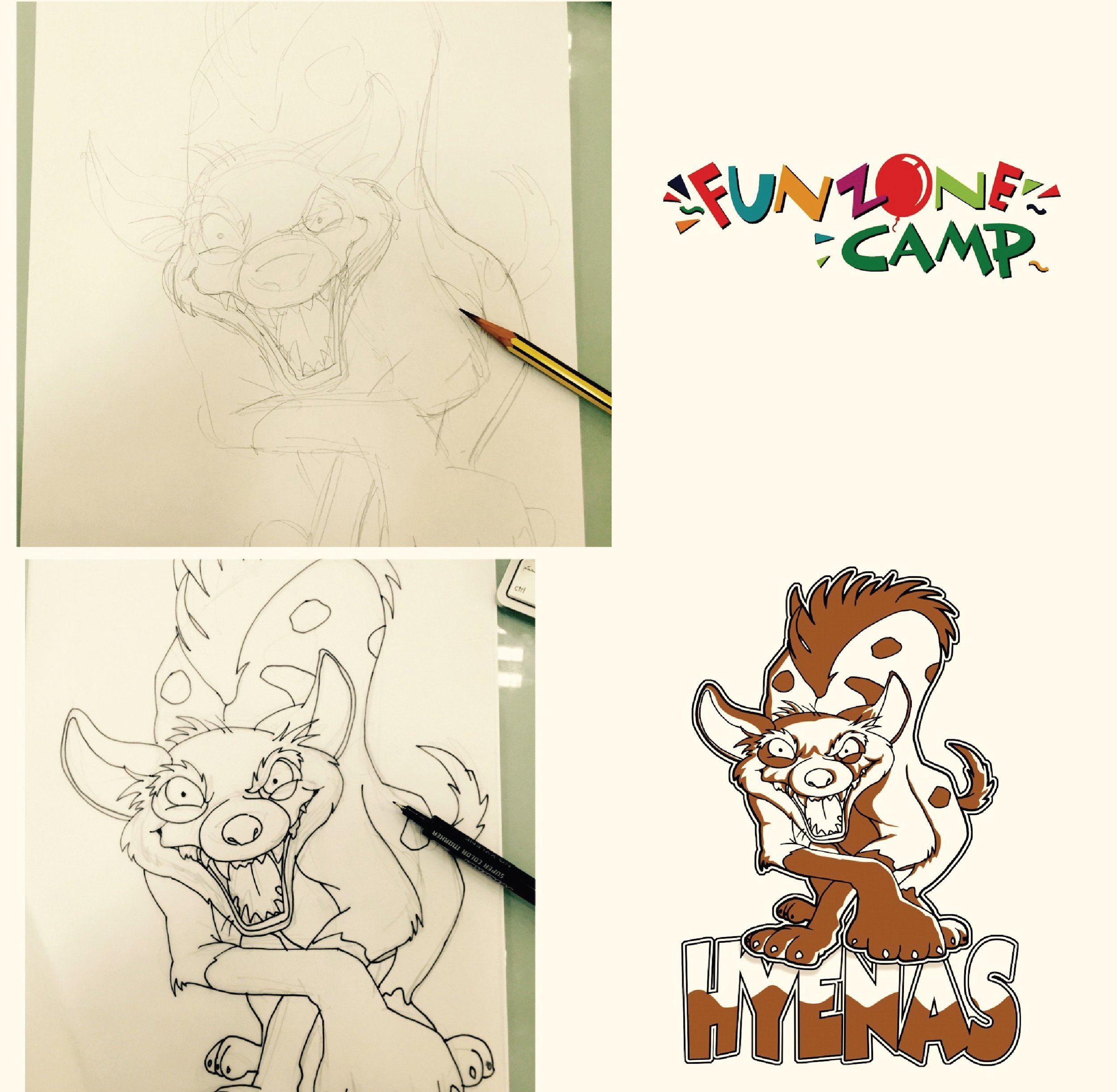 Progression of a lion cub cartoon drawing from sketch to colored version, with a 'Fun Zone Camp' logo on the top right and a 'Hyenas' cartoon design with bold letters at the bottom right.