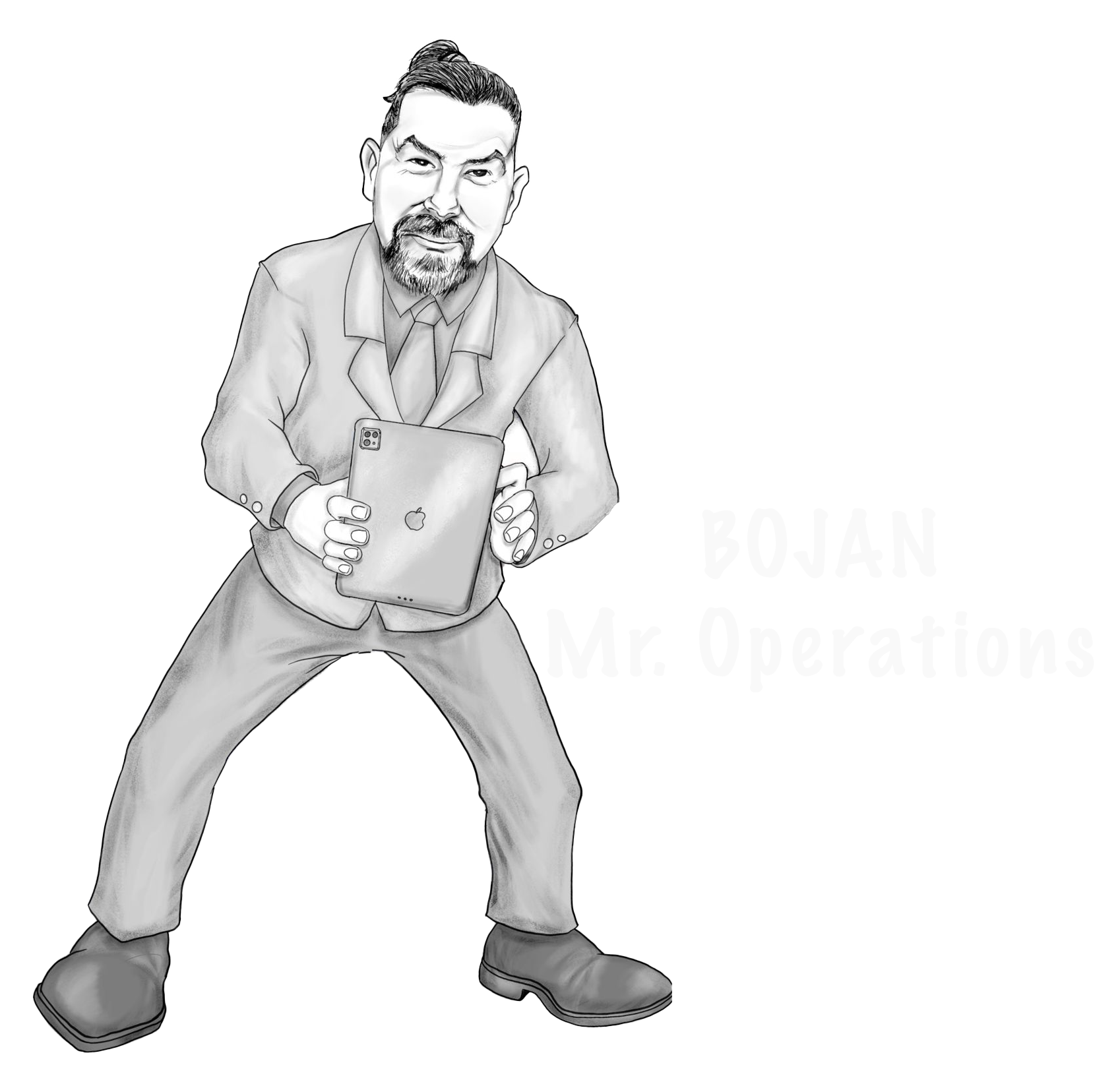 Filtered black and white drawing of a man in a suit with a beard, holding an iPad, standing with legs apart in front of a store or grocery aisle.