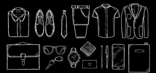 Outline of men's clothing and accessories, including a shirt, sneakers, tie, shorts, t-shirt, blazer, briefcase, sunglasses, watch, smartphone, and a notebook.