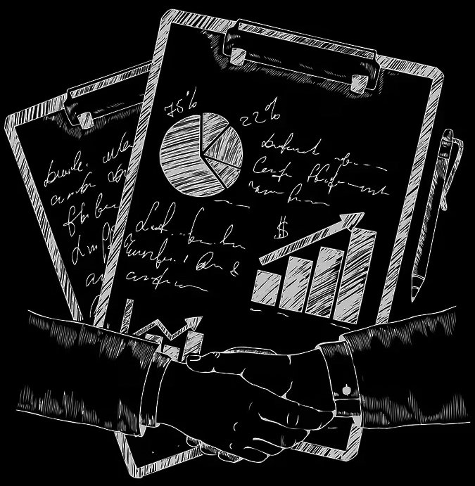 Line drawing of two businesspeople shaking hands in front of two clipboards displaying charts, graphs, and handwritten notes.