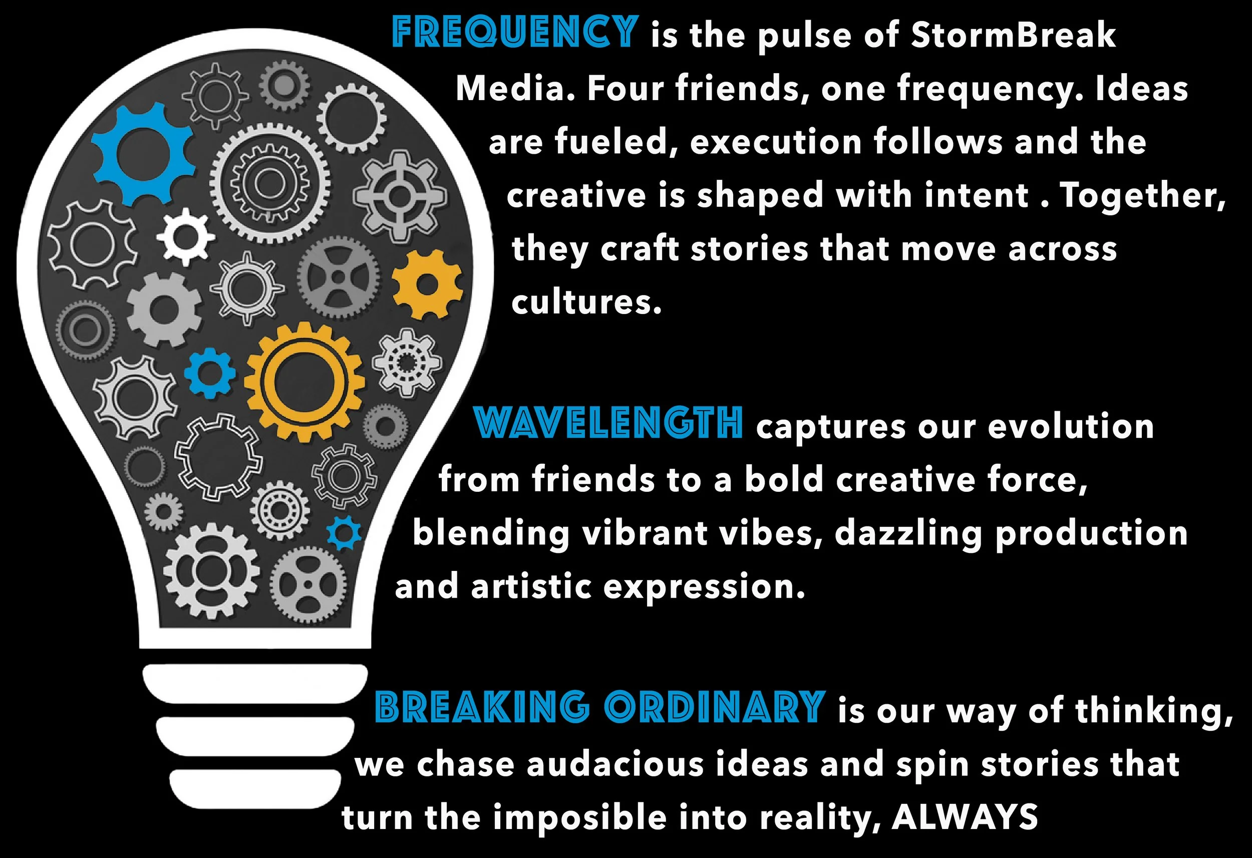 Infographic featuring a lightbulb filled with gears representing creativity. Accompanying text explains the concepts of frequency, wavelength, and breaking ordinary ideas, highlighting innovation and storytelling.