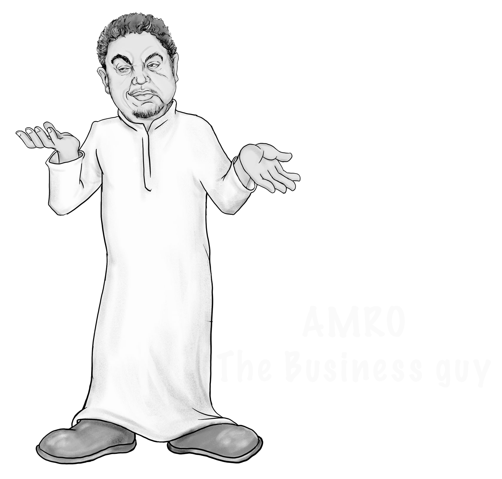 Cartoon illustration of a man in traditional Middle Eastern attire with a shrugging gesture.