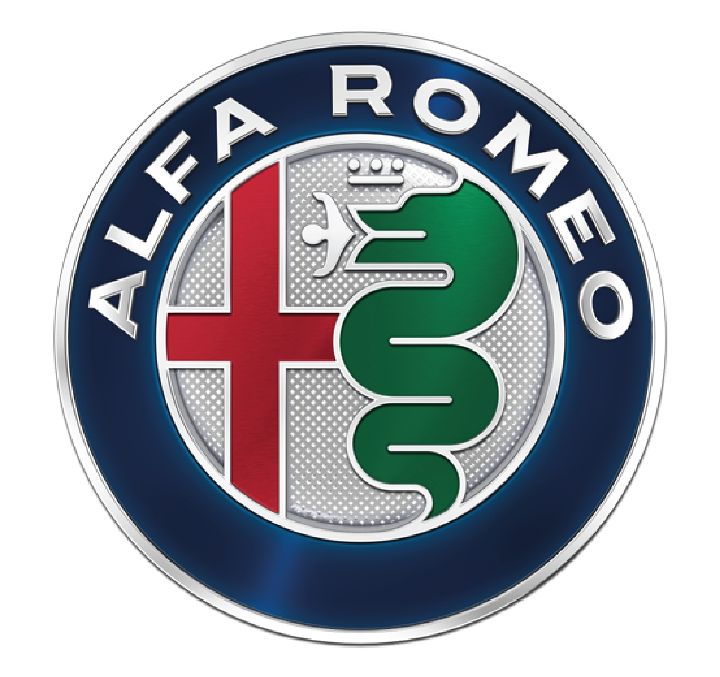 Alfa Romeo logo featuring a red cross, green serpent, and text 'Alfa Romeo'.