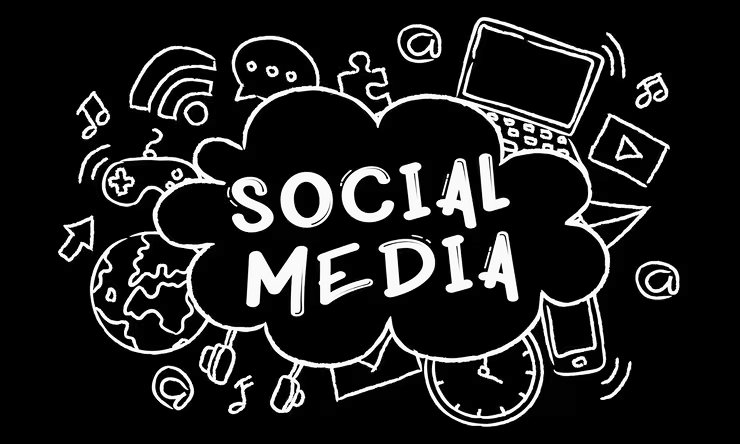 Illustration of social media icons surrounding a cloud shape with the words 'Social Media' inside.