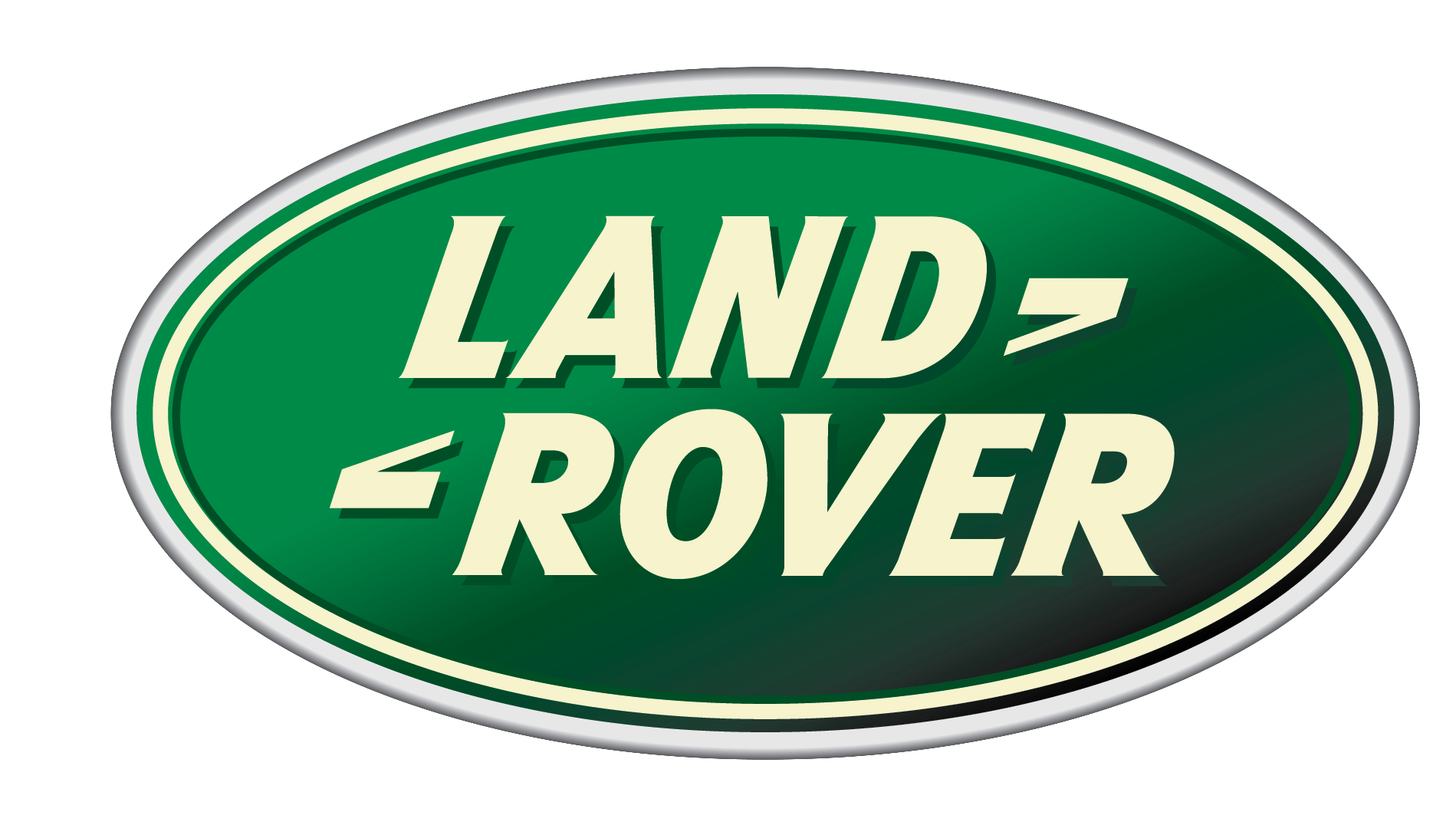 Land Rover logo with green oval background and cream-colored text.