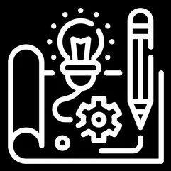 Icon of a light bulb, pencil, gear, rolled blueprint, and connected lines, representing ideas and planning.