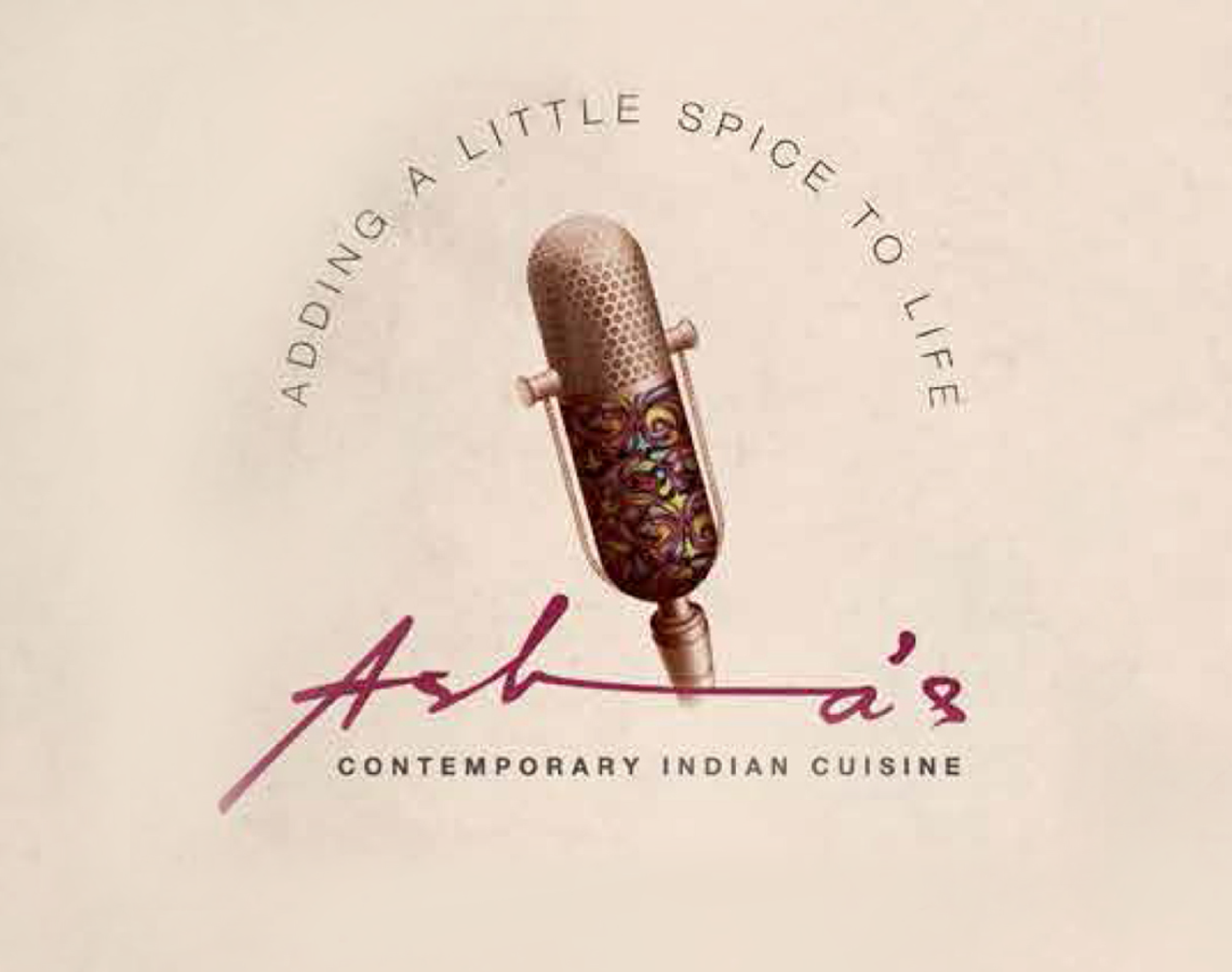 Logo for Ash's Contemporary Indian Cuisine restaurant, featuring a vintage microphone with a floral pattern and the tagline 'Adding a little spice to life'.
